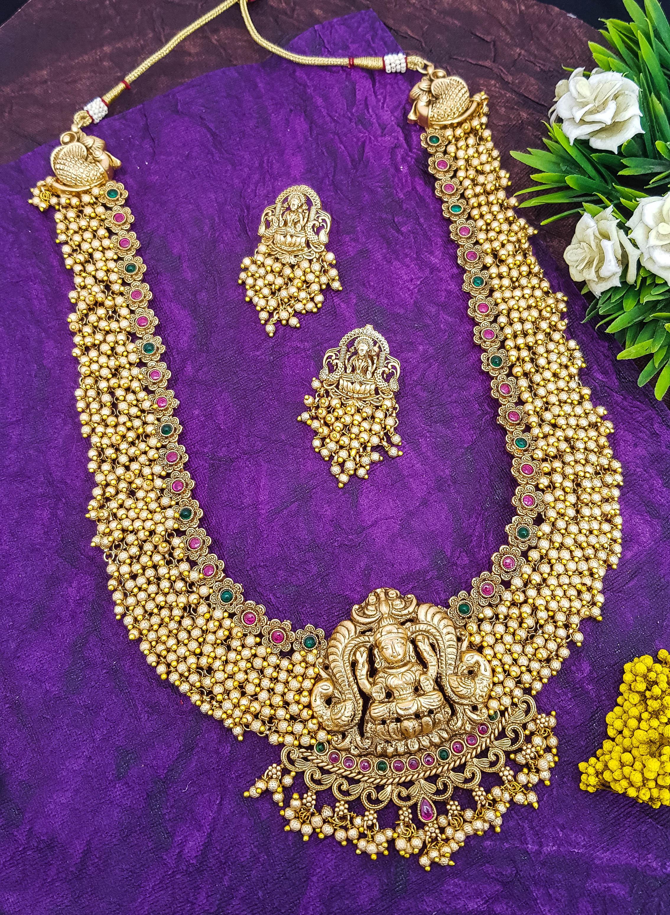 Premium Gold Plated Temple Design Long Hara Bridal Necklace Set 17503N - Griiham