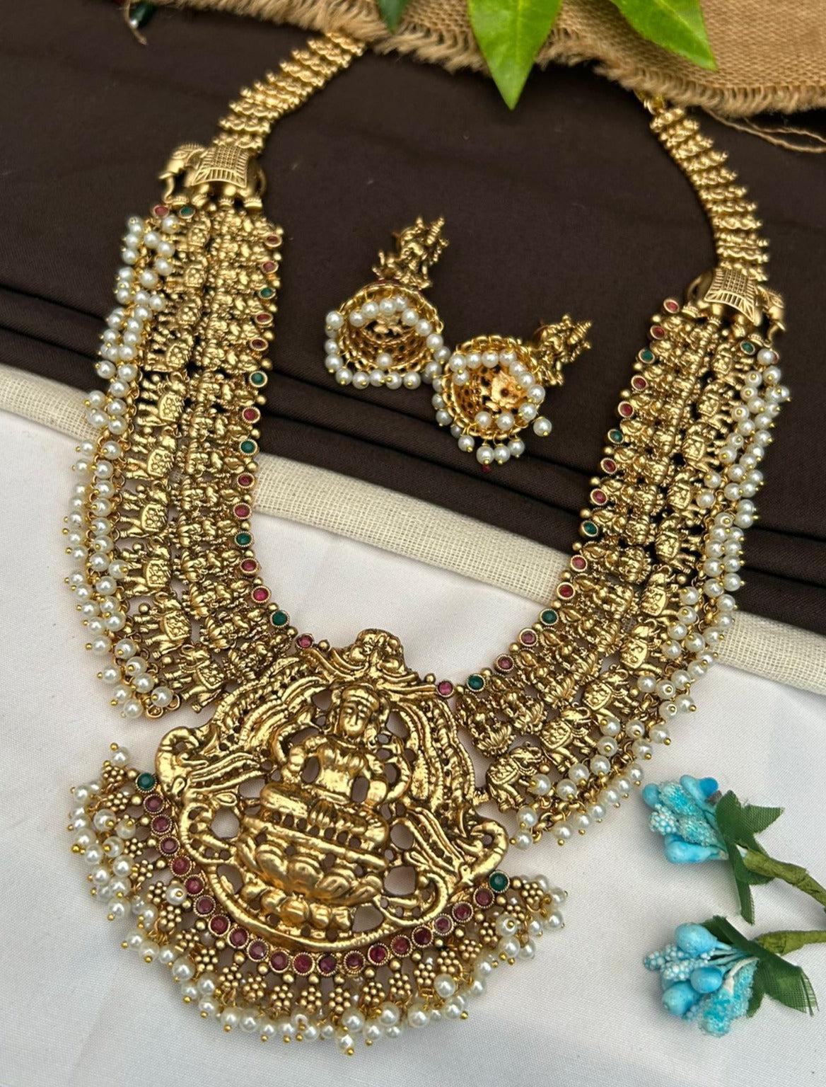 Premium Gold Plated Temple Design Long Hara Bridal Necklace Set 23408N