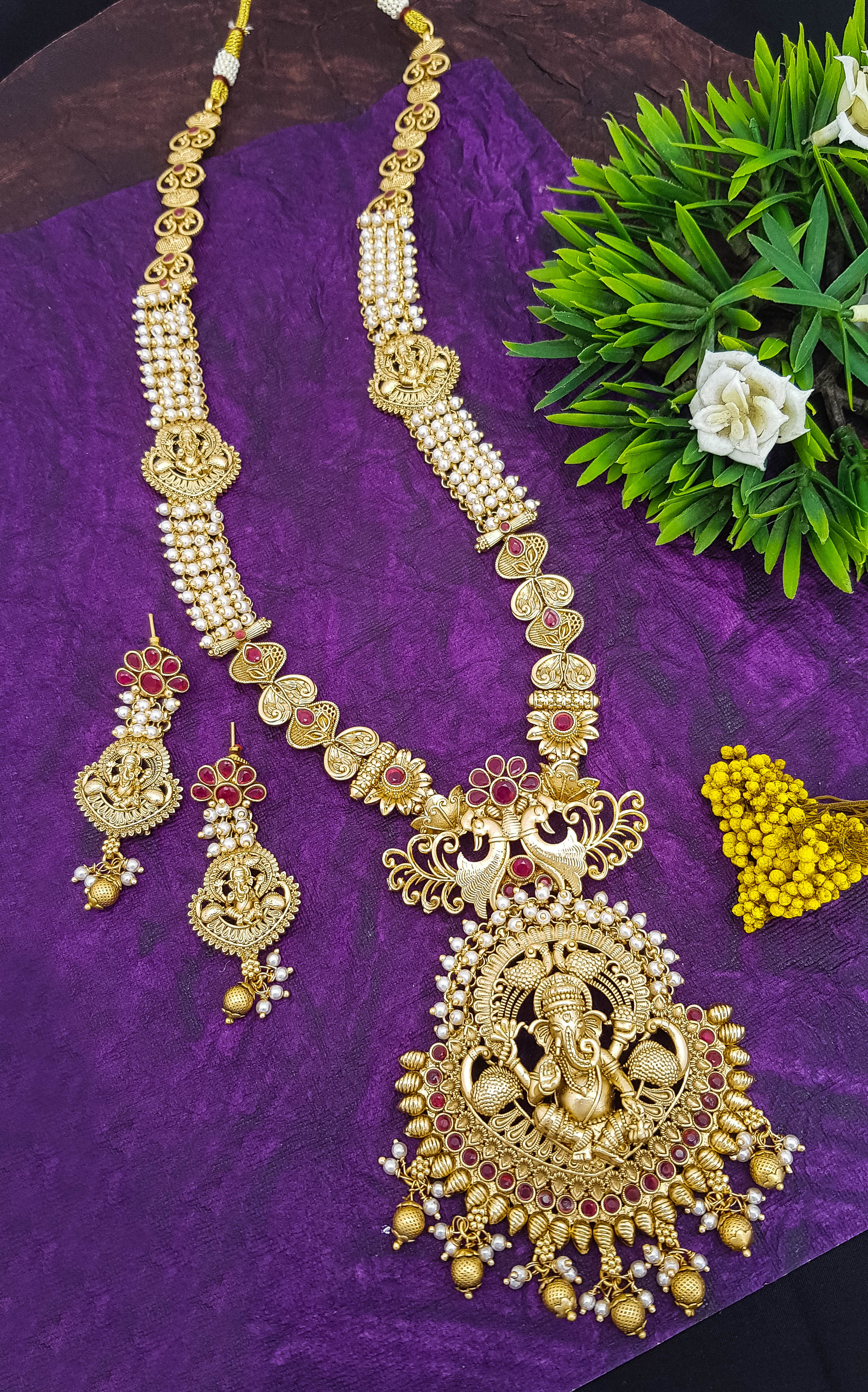 Premium Gold Plated Temple Design Long Hara Necklace Set 17500N
