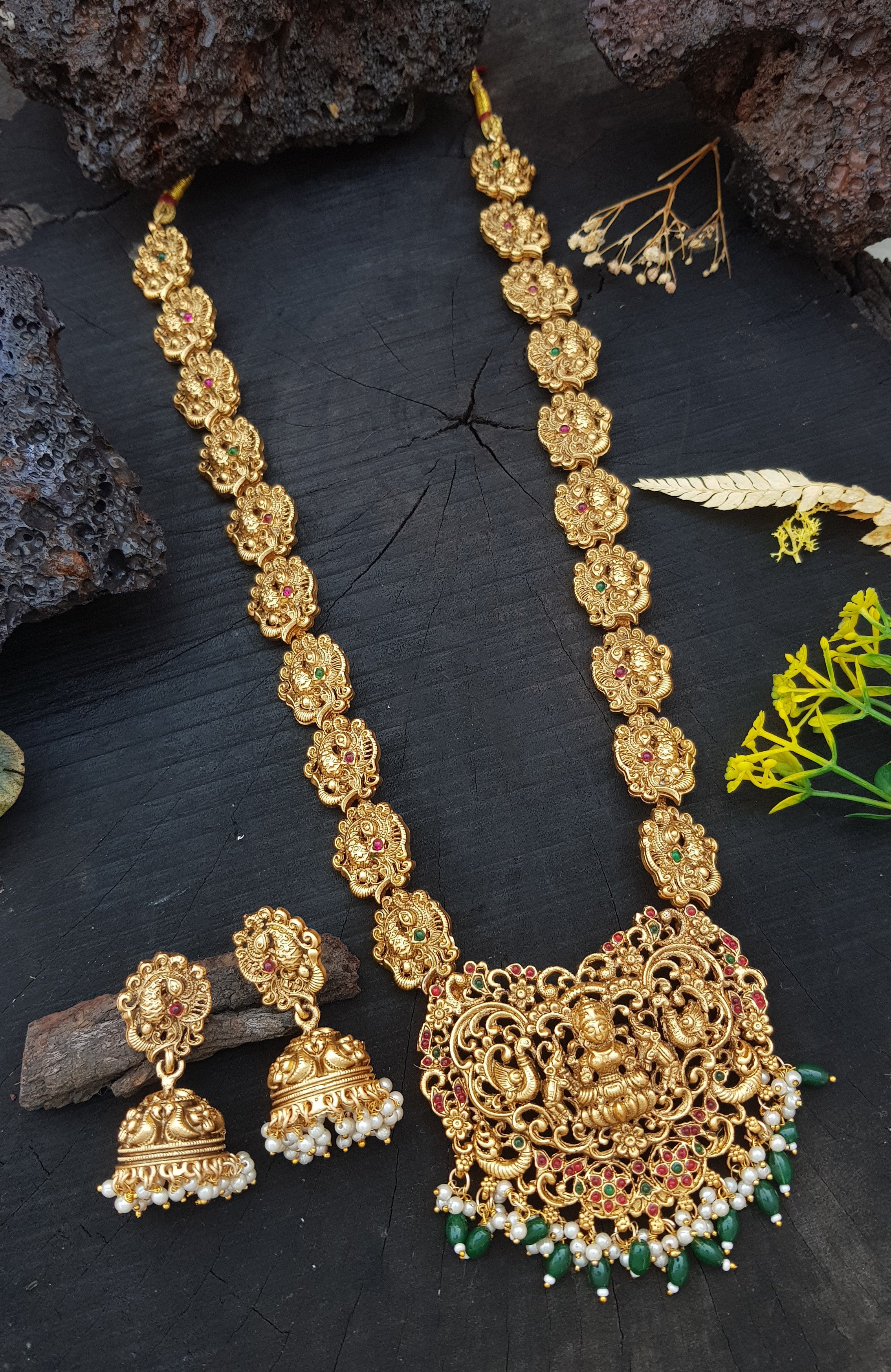 Premium Gold Plated Temple Long Haara Necklace Set 18931N