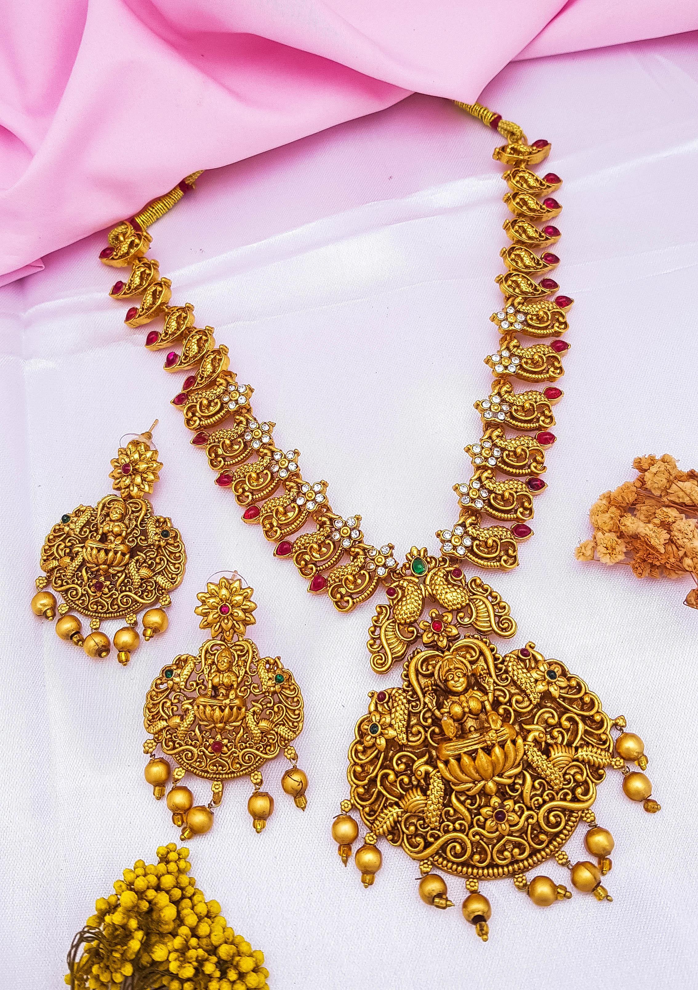 Premium Gold Plated Temple Necklace Jewellery Set 15444N - Griiham