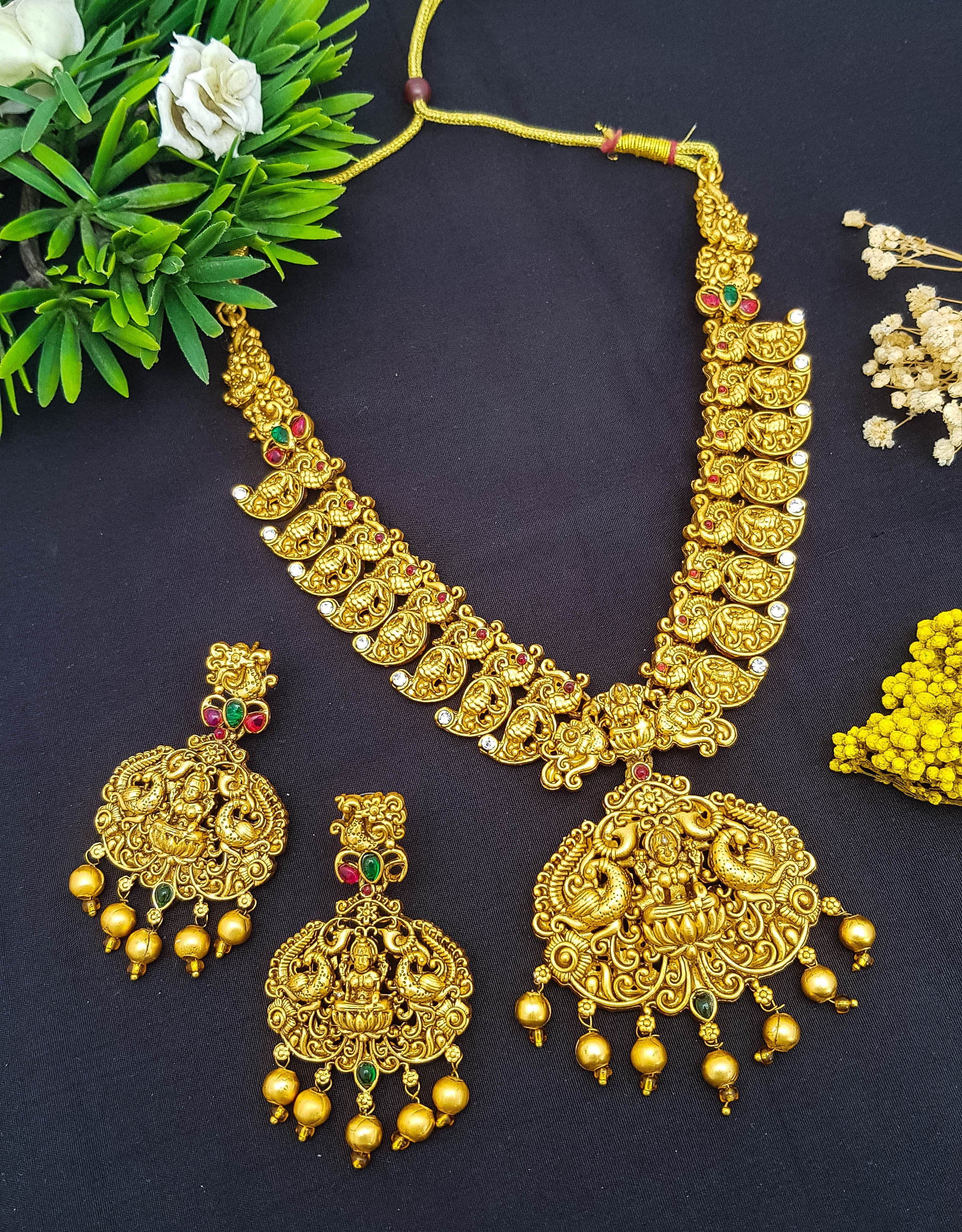 Premium Gold Plated Temple Necklace Jewellery Set 16214N