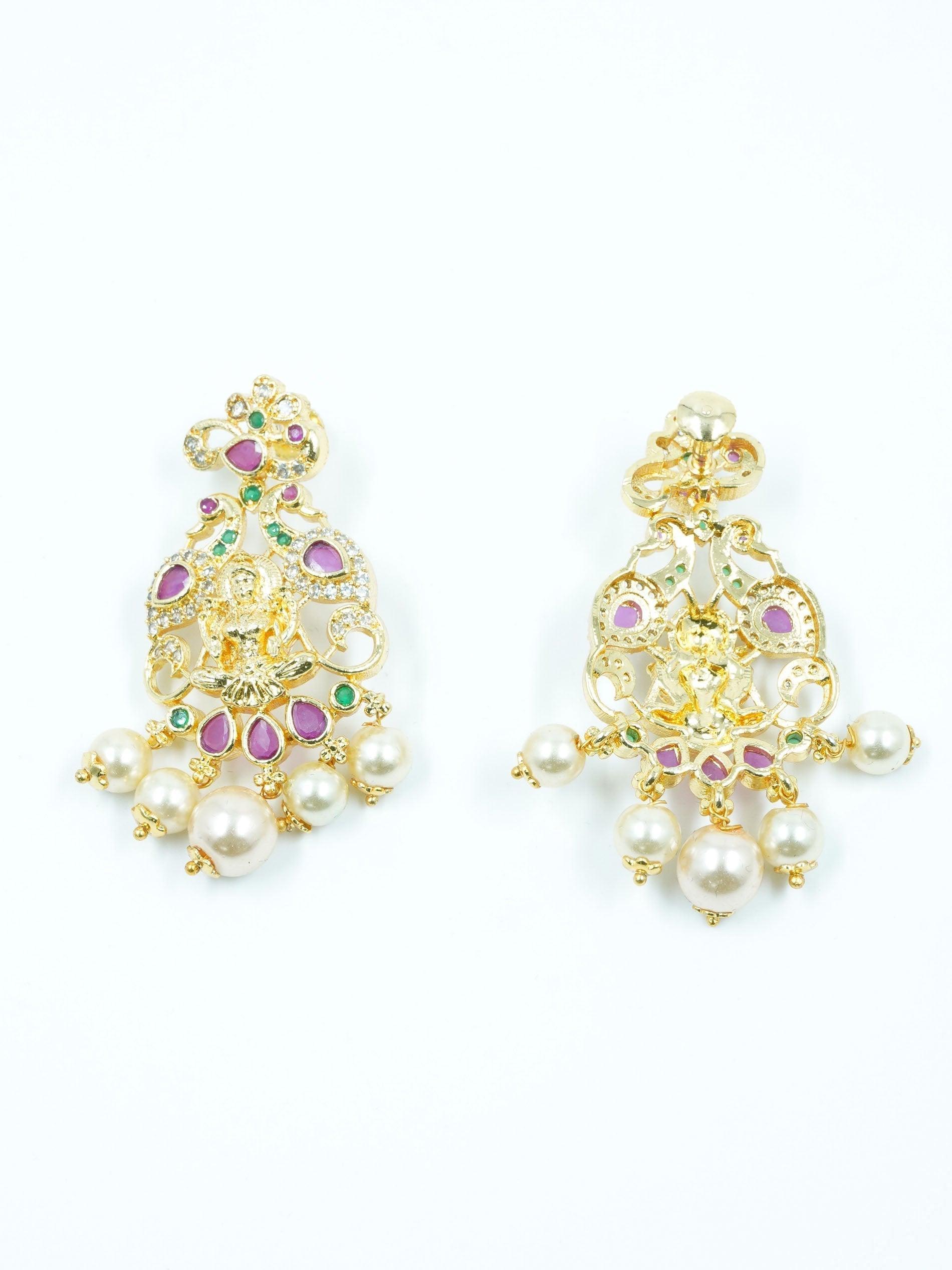 Premium Gold Polish CZ Kemp Studded Lakshmi Necklace Combo (Long+short) with Tikka Bridal Wea - Griiham