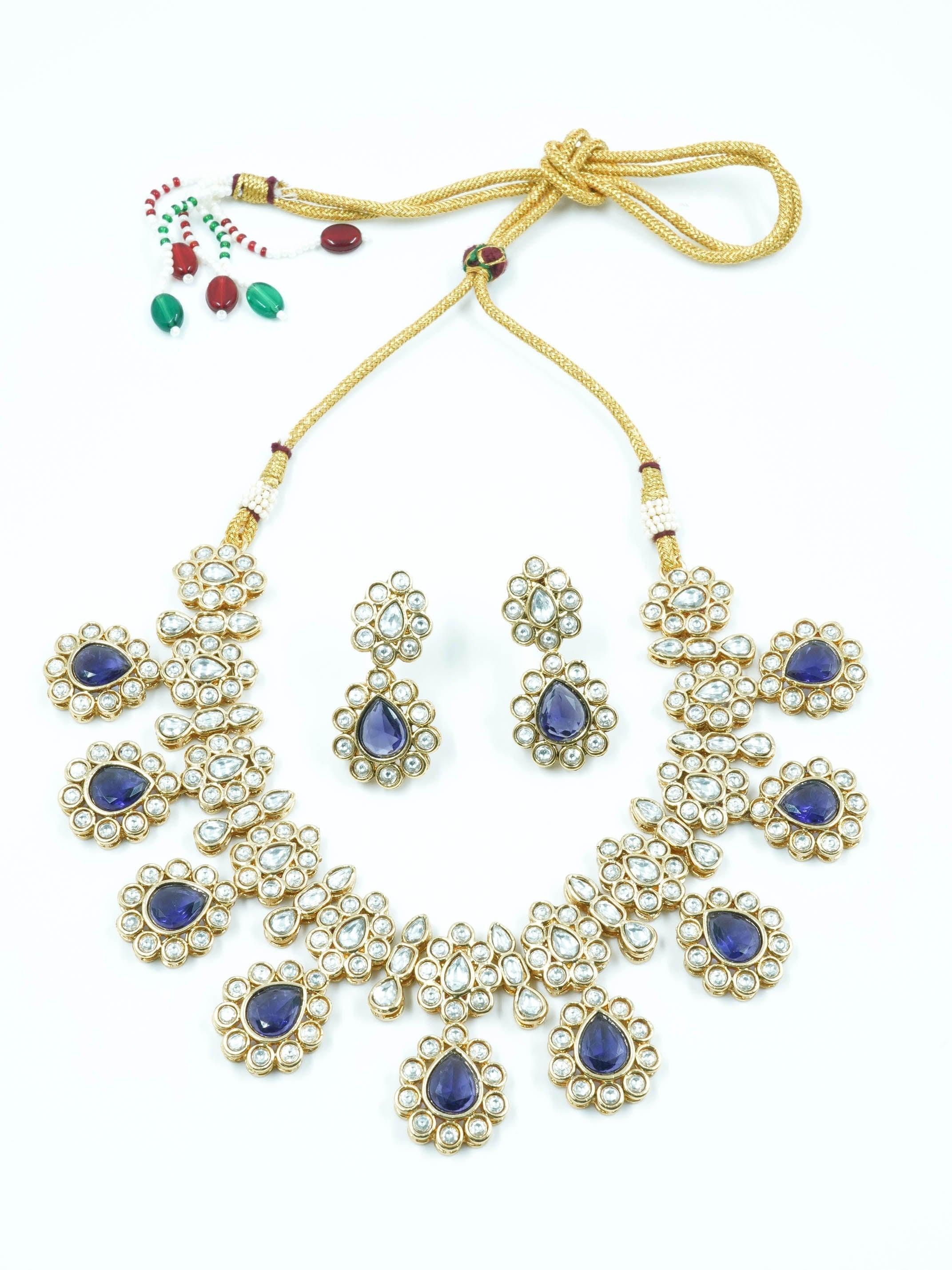 Premium Gold Polki Necklace Set with Colour Options 12575N - Griiham