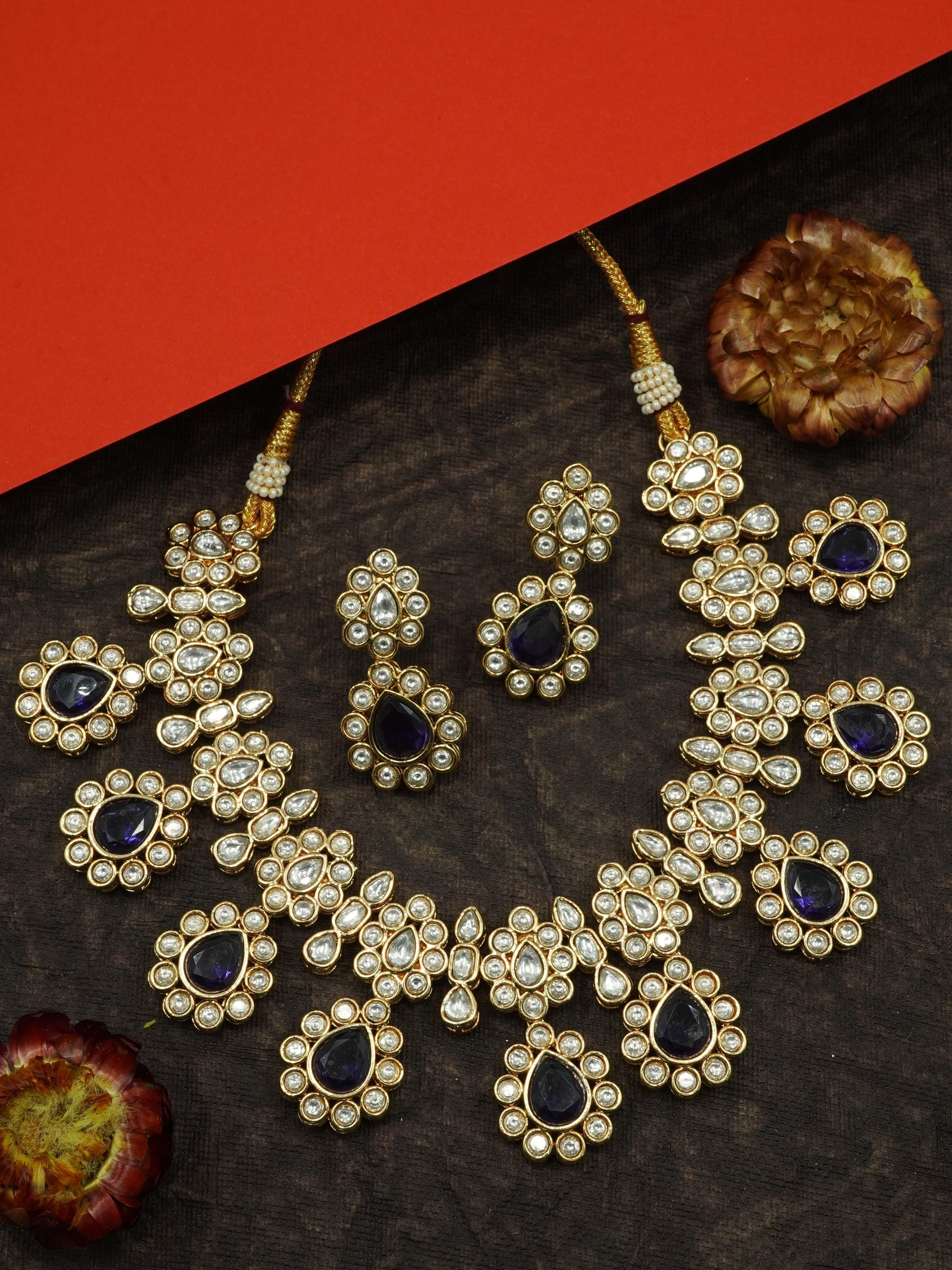 Premium Gold Polki Necklace Set with Colour Options 12575N - Griiham