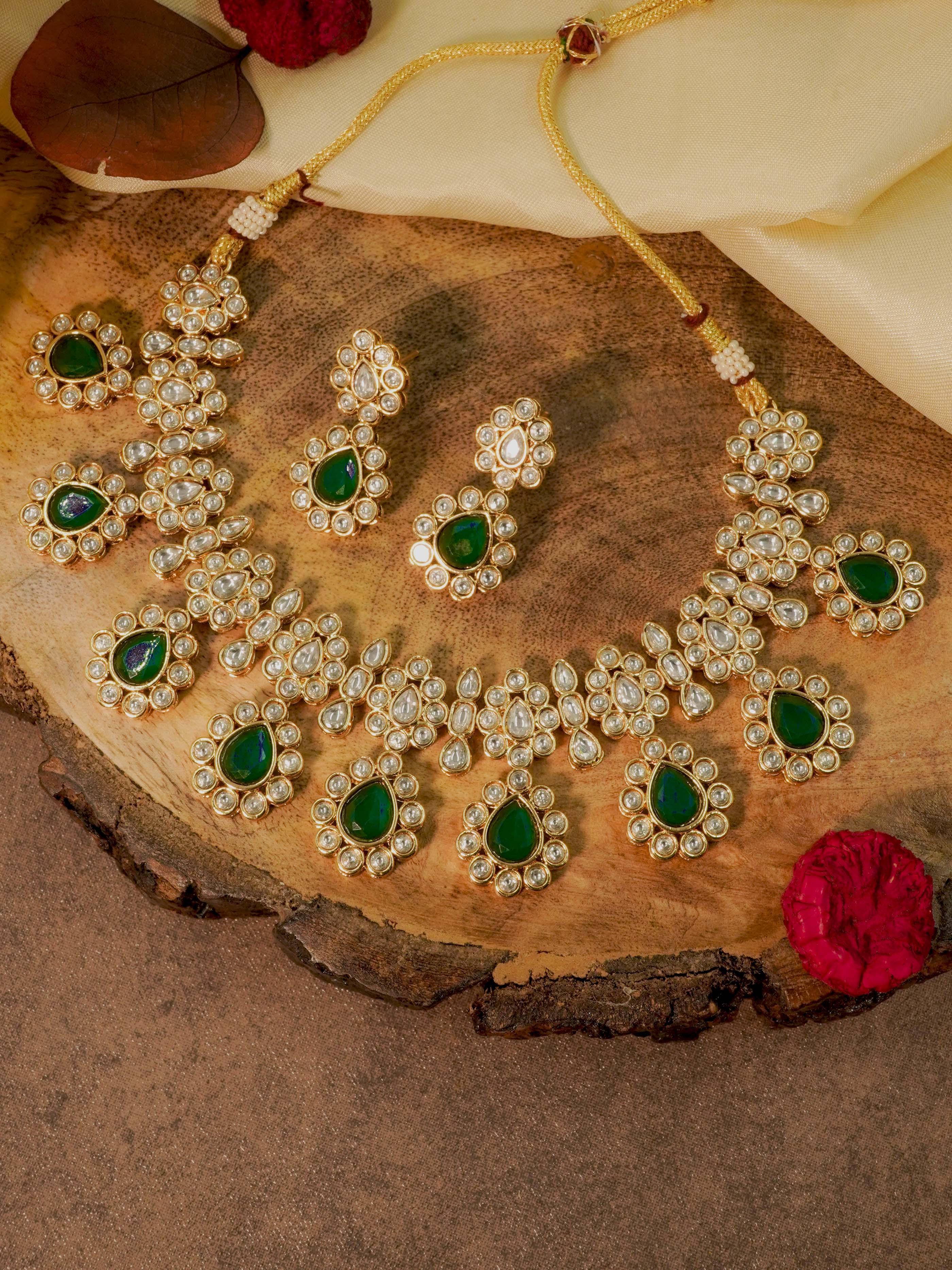 Premium Gold Polki Necklace Set with Colour Options 12575N - Griiham
