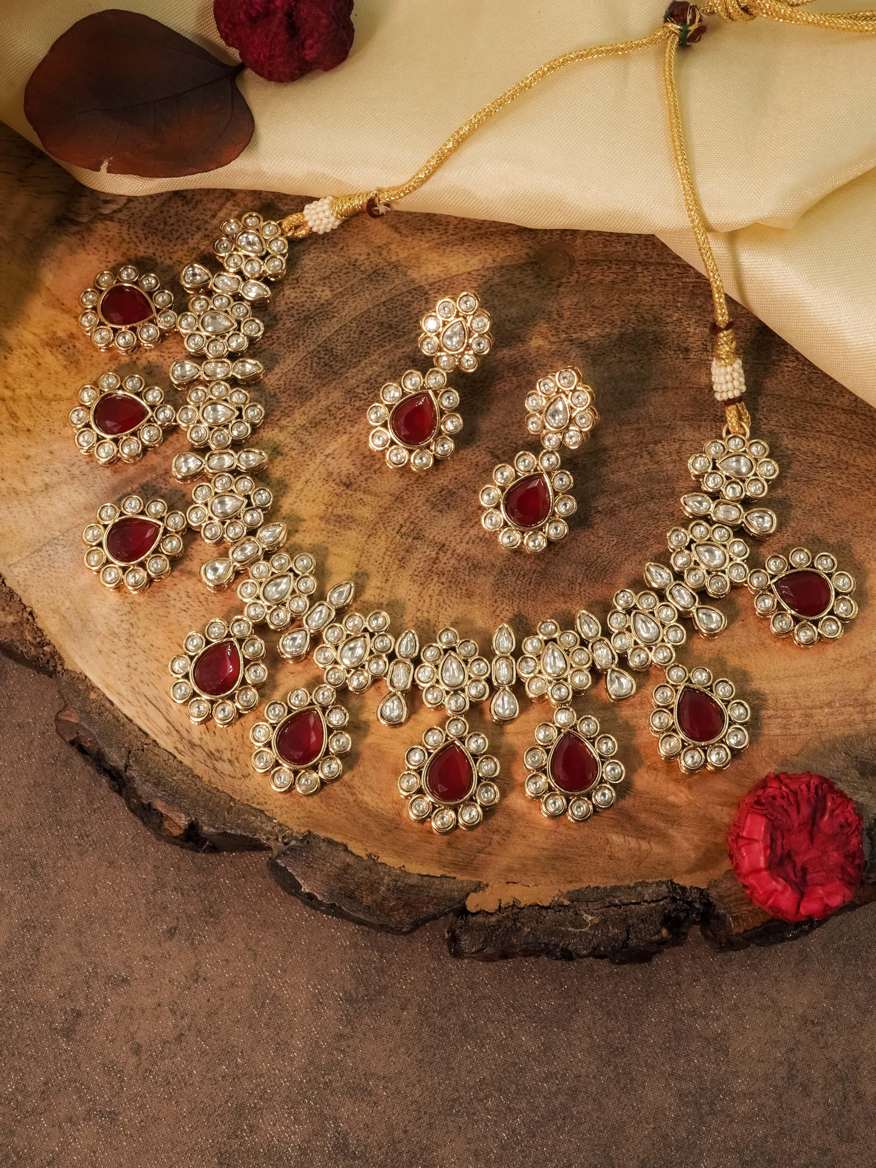 Premium Gold Polki Necklace Set with Colour Options 12575N - Griiham