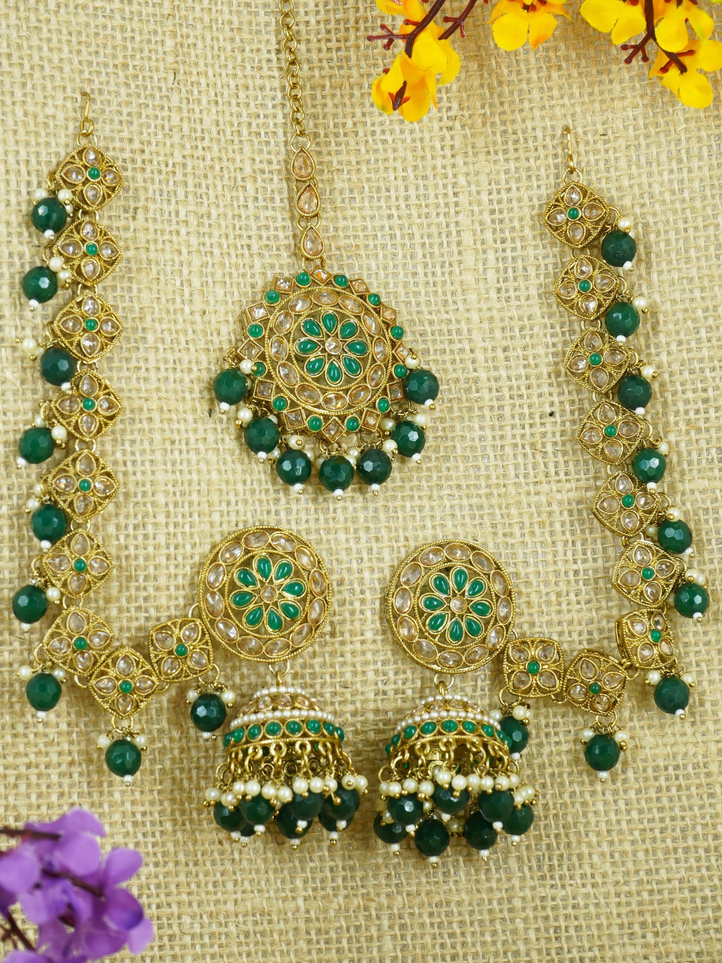 Premium Gold finish Earring with Matil and Mang Tikka studded with Mirror Stones 11798N - Griiham