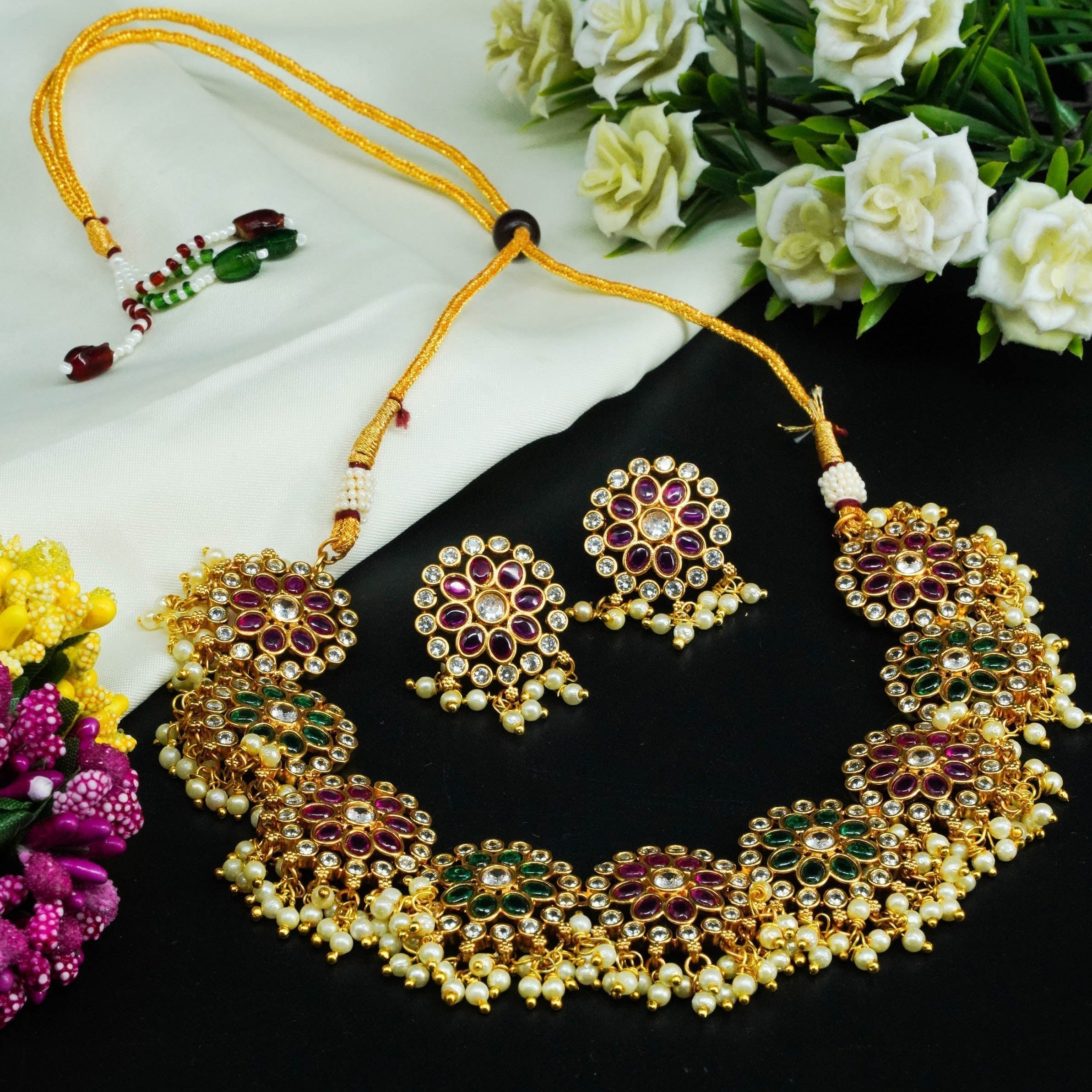 Premium Gold finish Multicolor Stone Cz zercon necklace set 8300N
