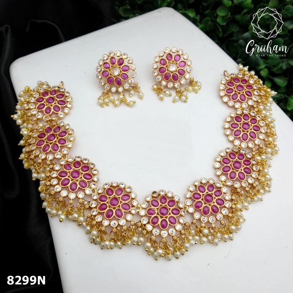 Premium Gold finish Multicolor Stone Cz zercon necklace set 8300N-Necklace Set-Kanakam-Red-Griiham