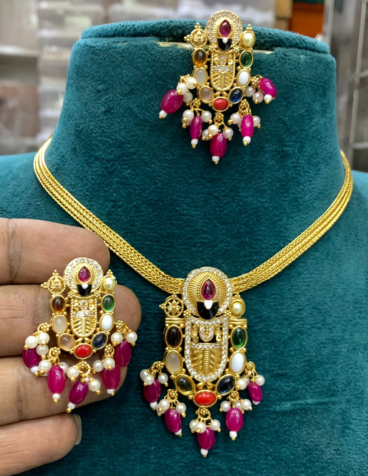 Premium Gold finish Navaratna short necklace set /pendant set 22077n