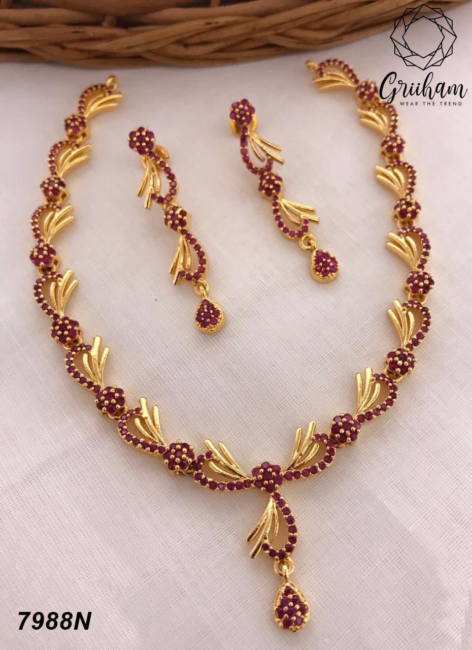 Premium Gold finish cz stones Necklace set 7988N-Necklace Set-Kanakam-Ruby Red-Griiham