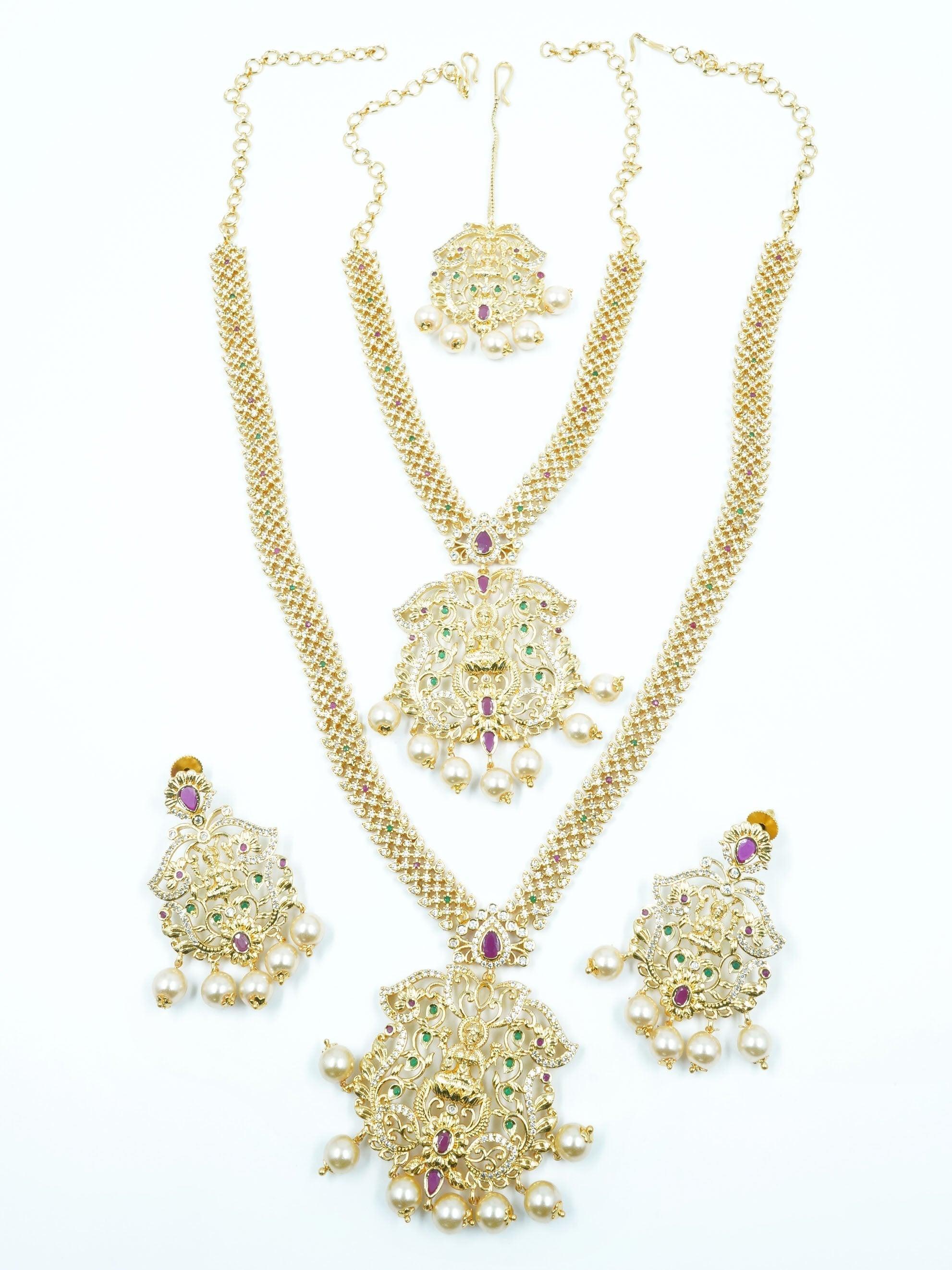 Premium Quality Laxmi Design Multi Colour AD Necklace Set Combo (Long+short) with Maang Tikka NRG06-1600-4317N - Griiham