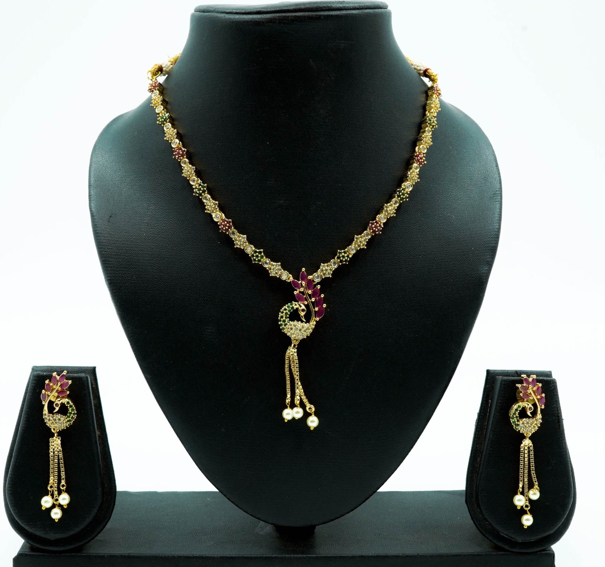 Premium Quality Micro Gold finish Necklace set with High Quality AD Stones Peacock 9513N