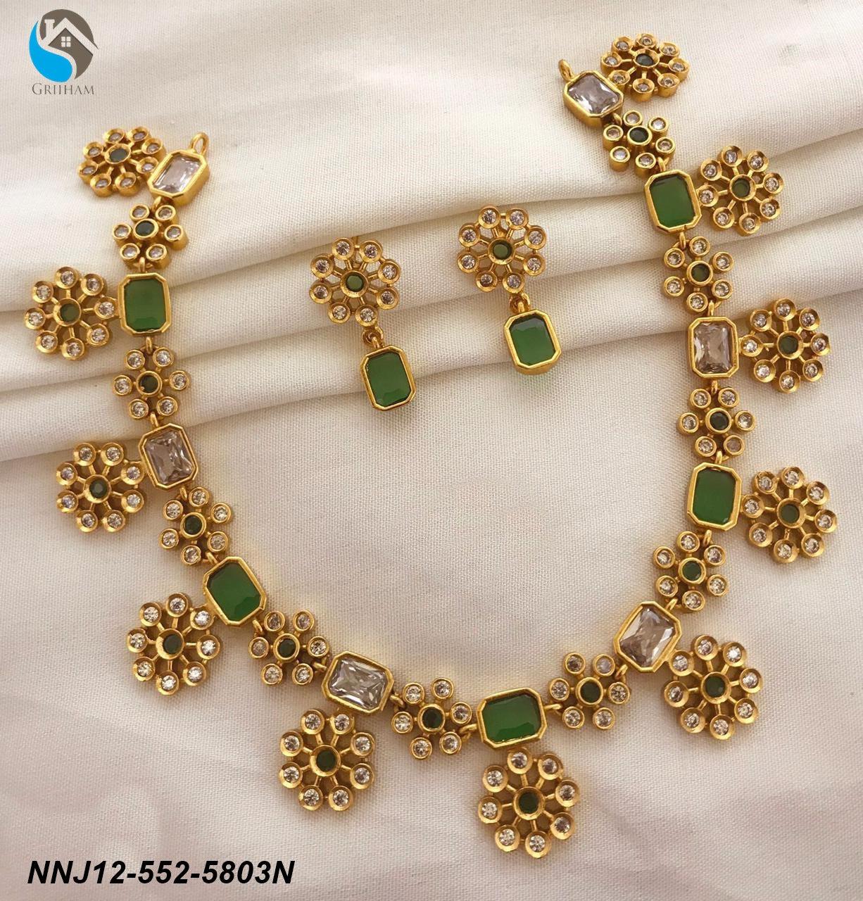 Premium Quality Short necklace set with Green and cz Stones floral motif 5803n