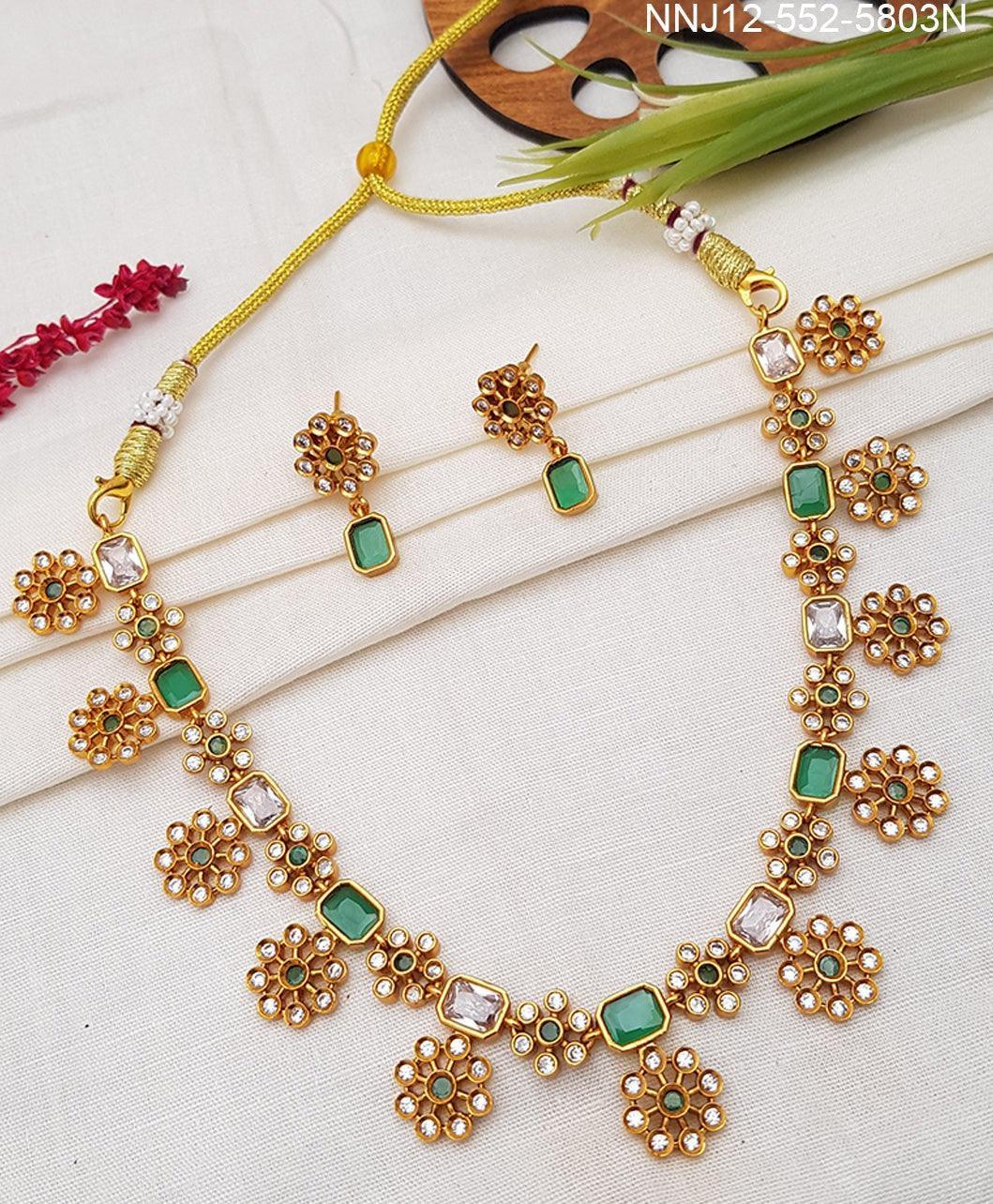 Premium Quality Short necklace set with Green and cz Stones floral motif 5803n - Griiham