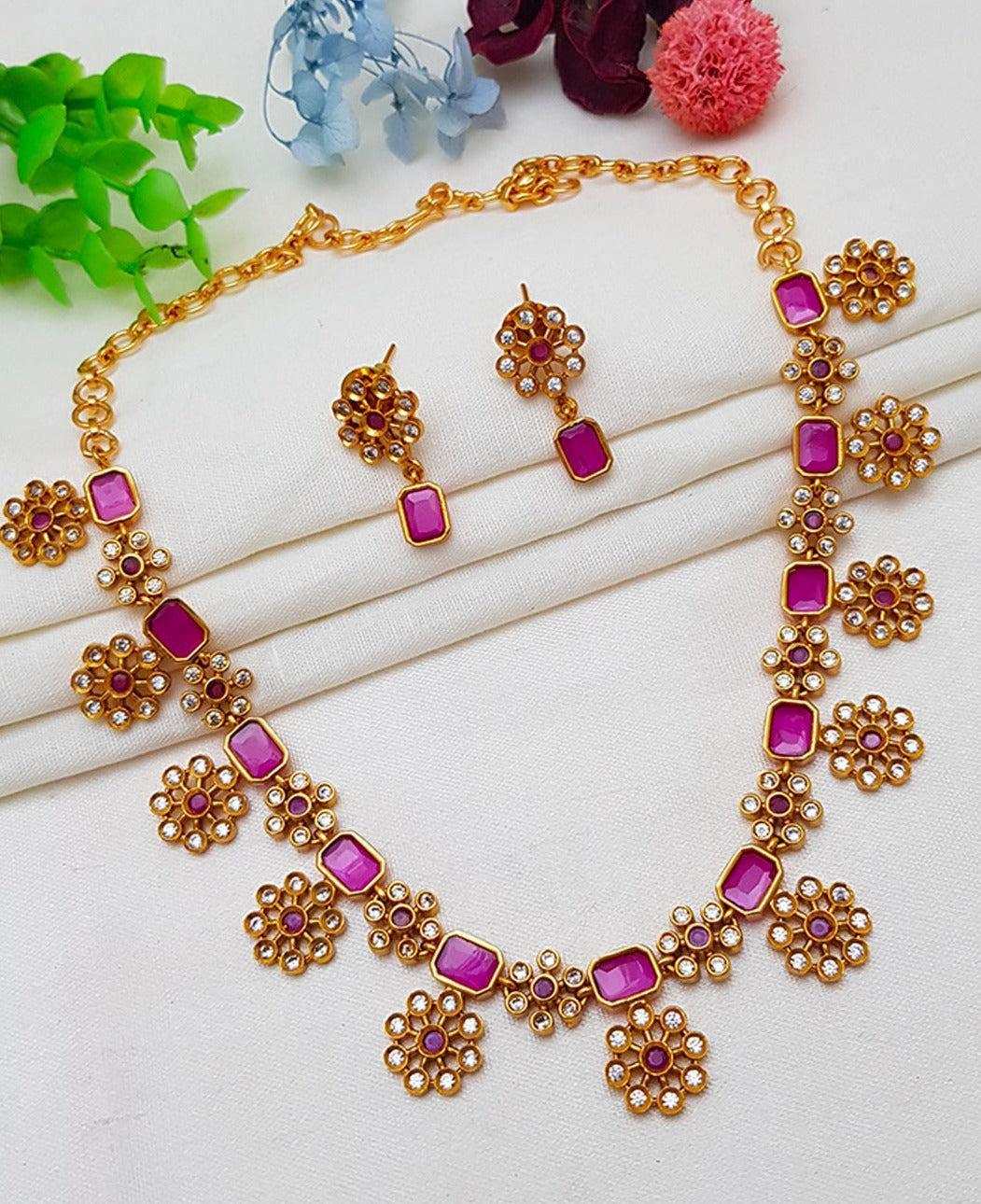 Premium Quality Short necklace set with Ruby and cz Stones floral moti
