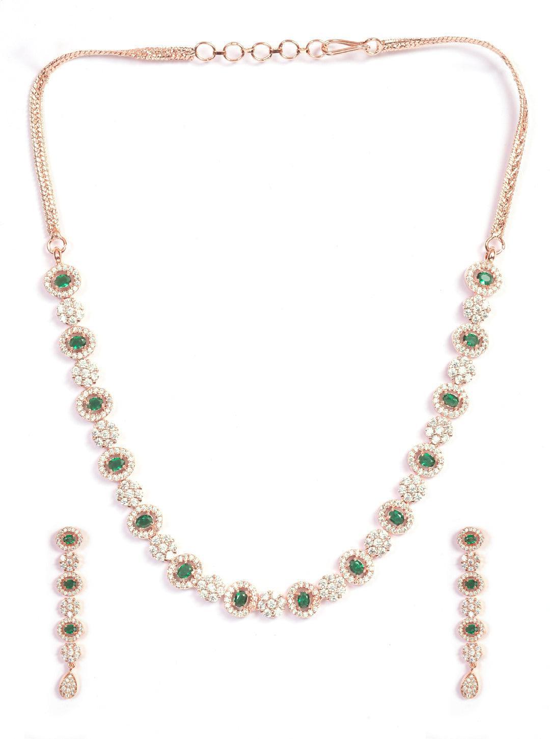 Premium Rose Gold Plated with sparkling Green and White CZ stones designer Necklace Set 8947N - Griiham