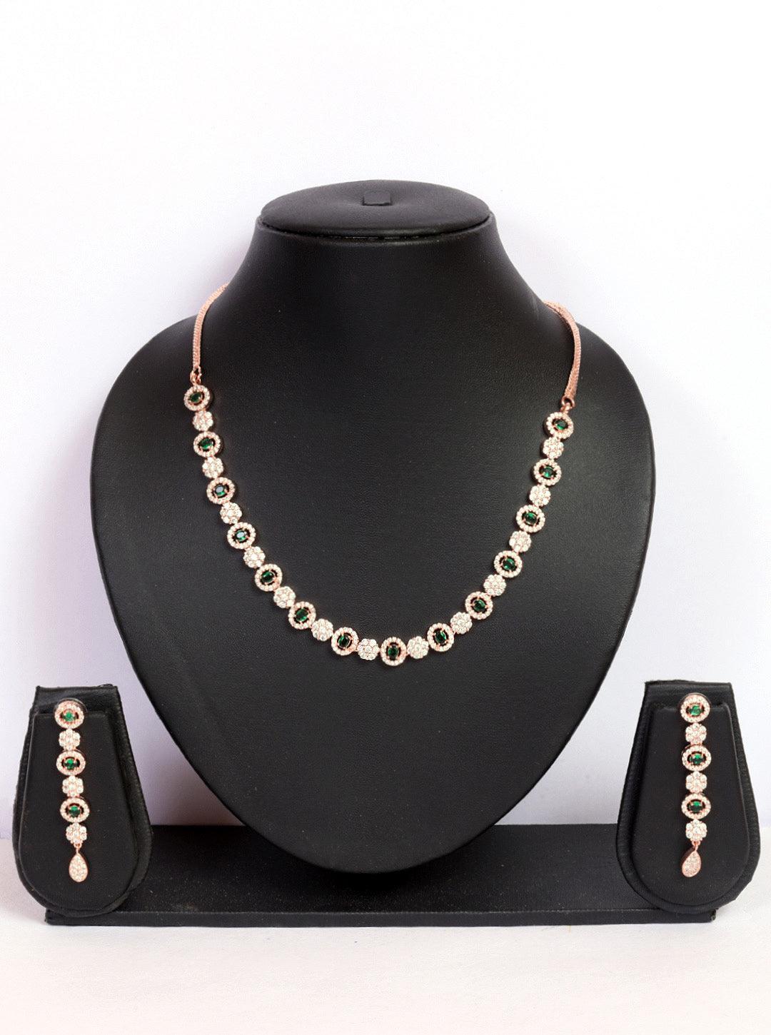 Premium Rose Gold Plated with sparkling Green and White CZ stones designer Necklace Set 8947N - Griiham