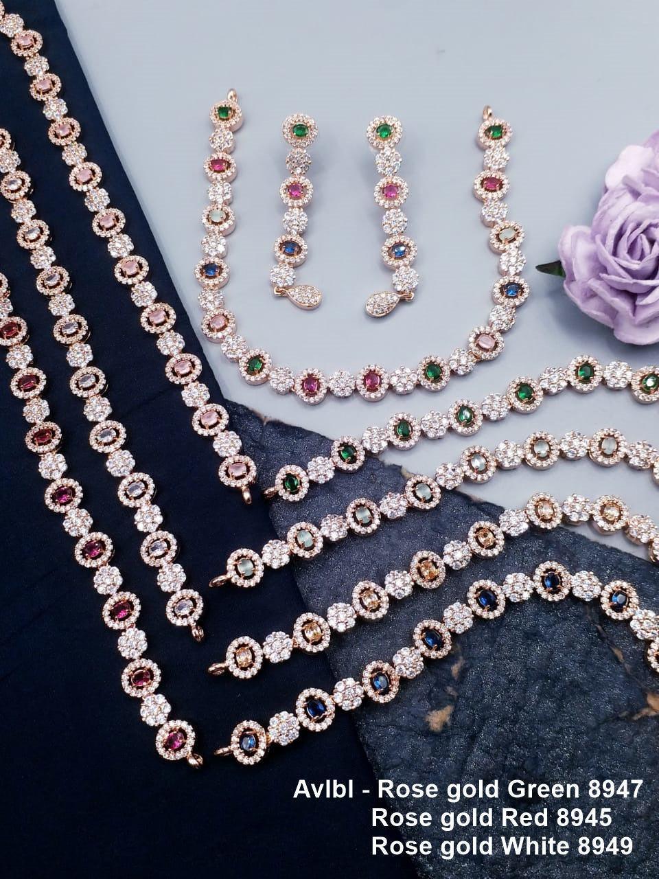 Premium Rose Gold Plated with sparkling Green and White CZ stones designer Necklace Set 8947N-Necklace Set-Griiham-Griiham