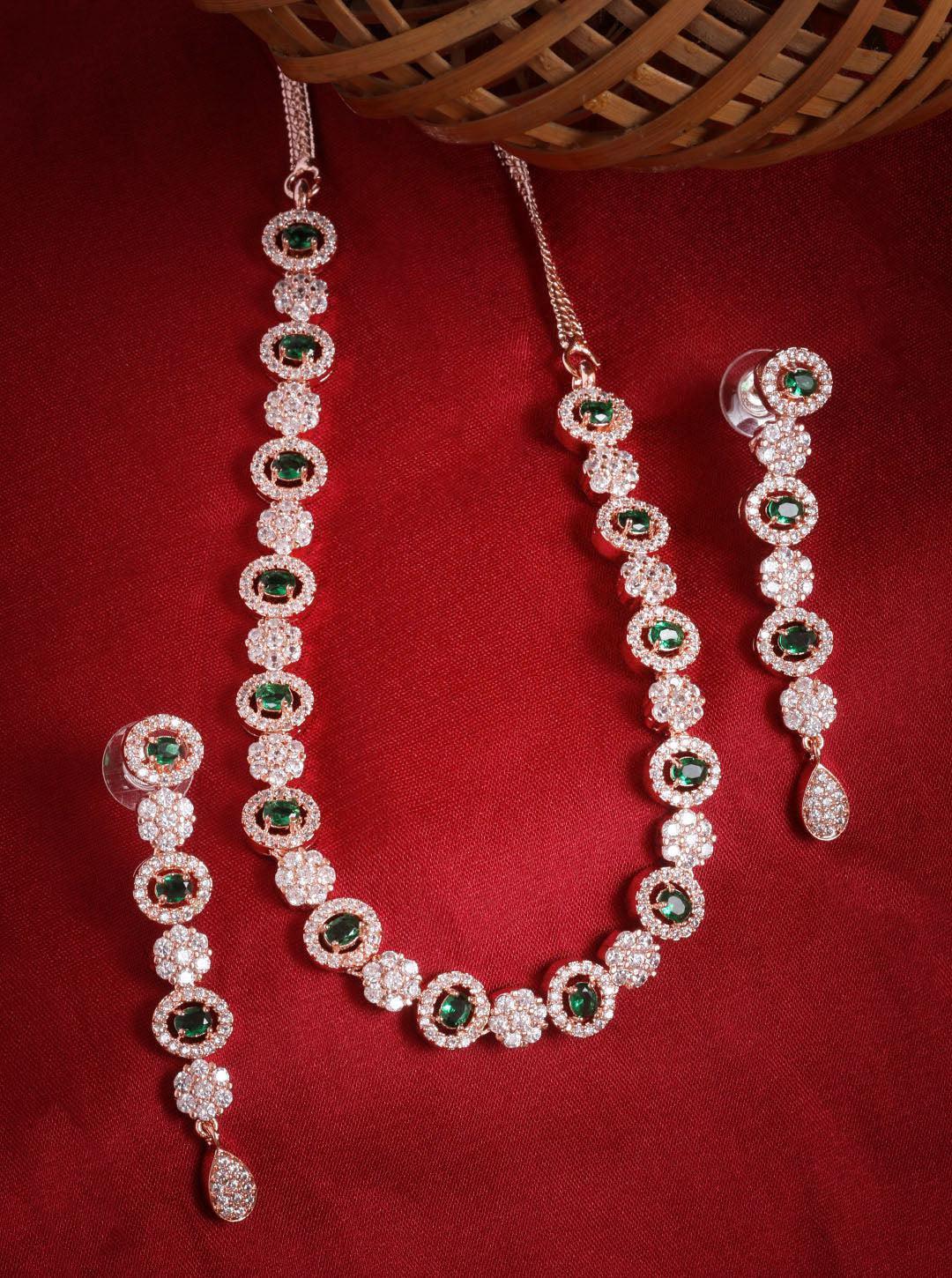 Premium Rose Gold Plated with sparkling Green and White CZ stones designer Necklace Set 8947N - Griiham