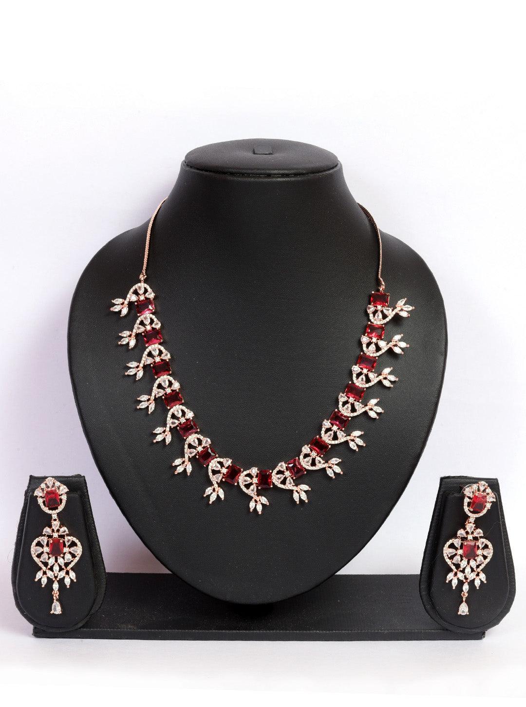 Premium Rose Gold Plated with sparkling Red White CZ stones designer Necklace Set 8934N - Griiham