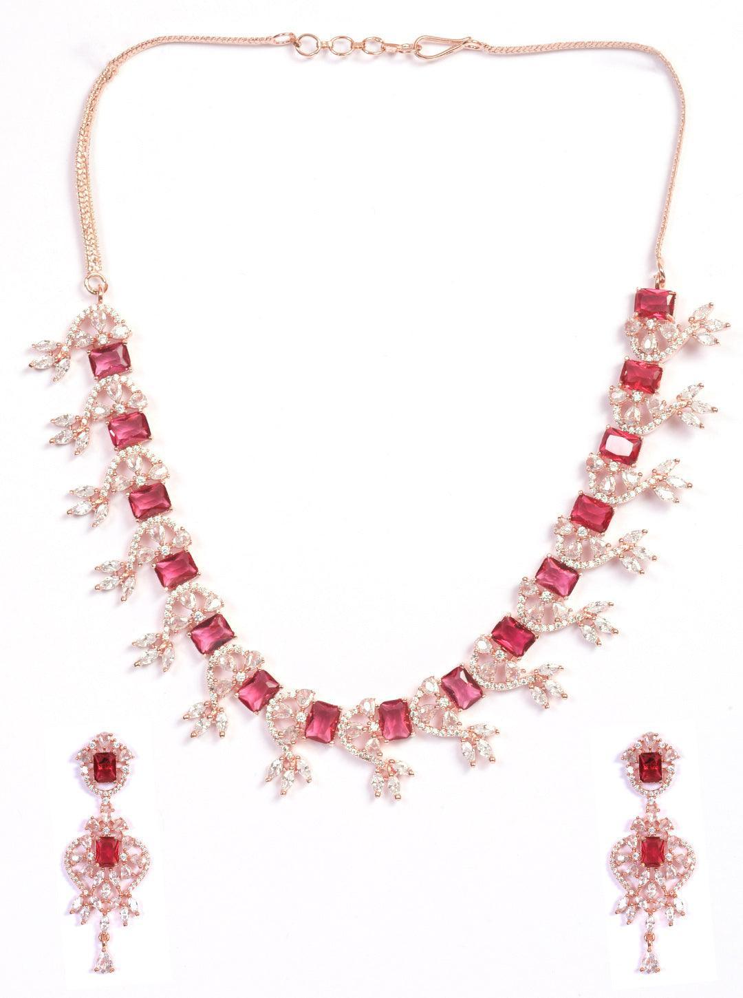Premium Rose Gold Plated with sparkling Red White CZ stones designer Necklace Set 8934N - Griiham