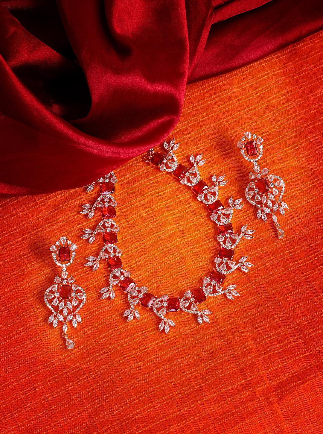 Premium Rose Gold Plated with sparkling Red White CZ stones designer Necklace Set 8934N - Griiham