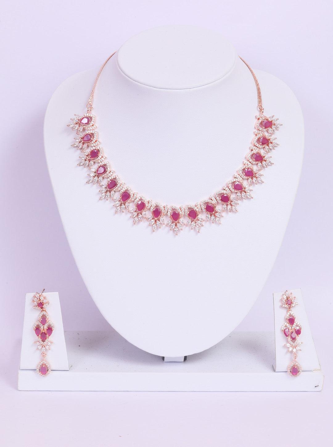 Premium Rose Gold Plated with sparkling Red and White CZ stones designer Necklace Set 8931N - Griiham
