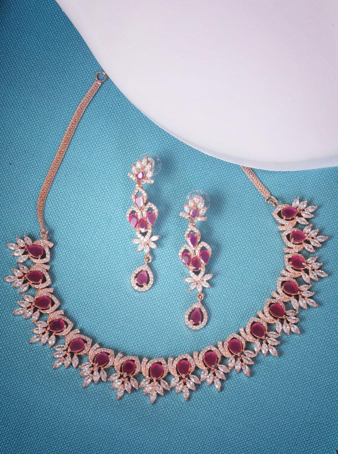 Premium Rose Gold Plated with sparkling Red and White CZ stones designer Necklace Set 8931N - Griiham