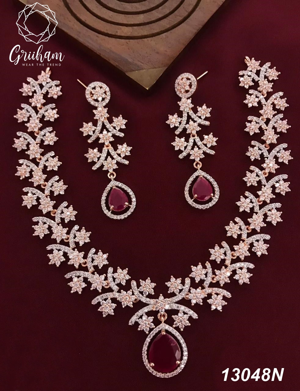 Premium Rose Gold plated Short AD/zercon necklace set 13049n
