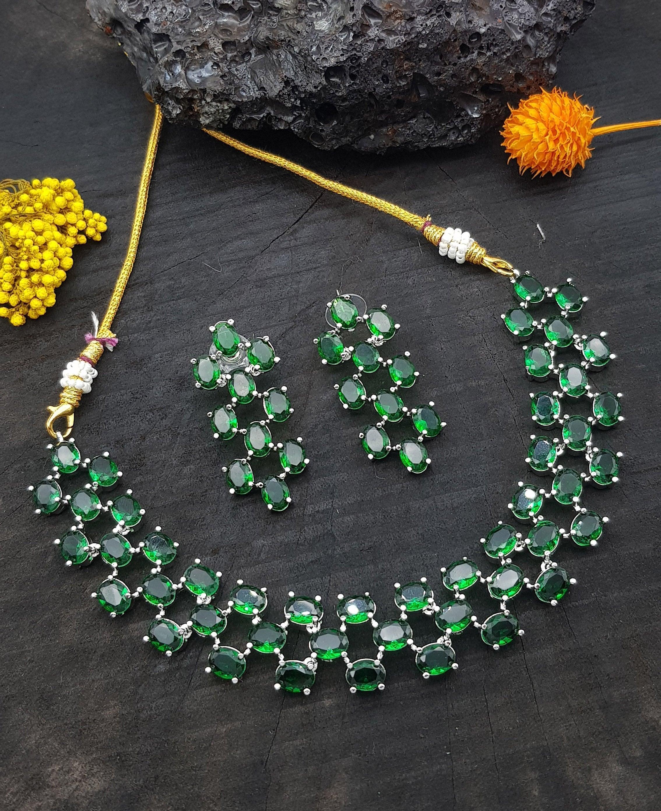 Premium Sayara Collection Elegant Emerald & CZ Necklace Set 22180N - Griiham