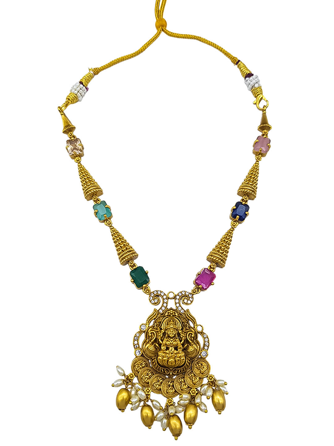 Premium Sayara Collection Elegant Laxmi CZ Necklace Set with navratna stones 22148N