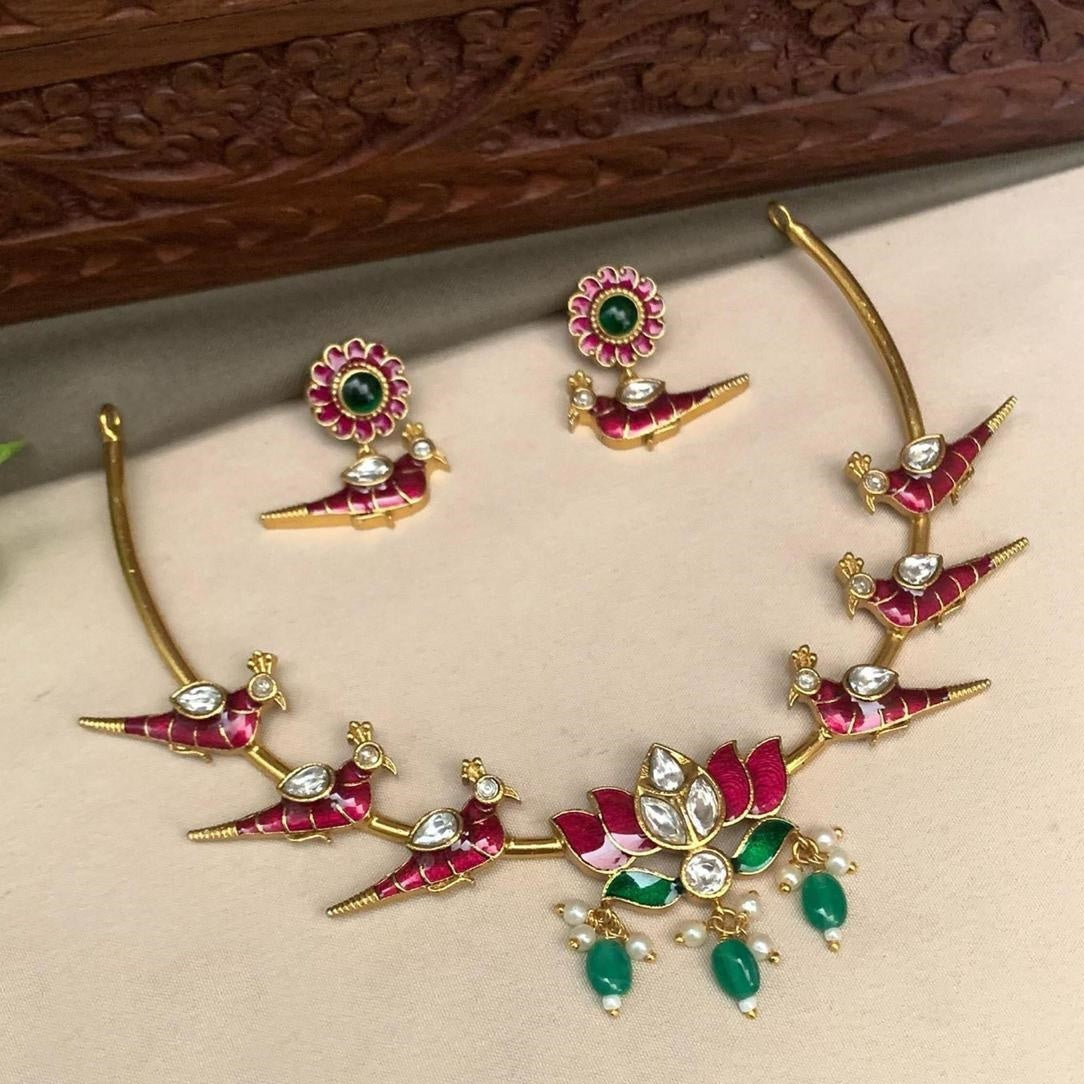 Premium Sayara Collection Elegant Peacock Kemp Necklace Set 23102N