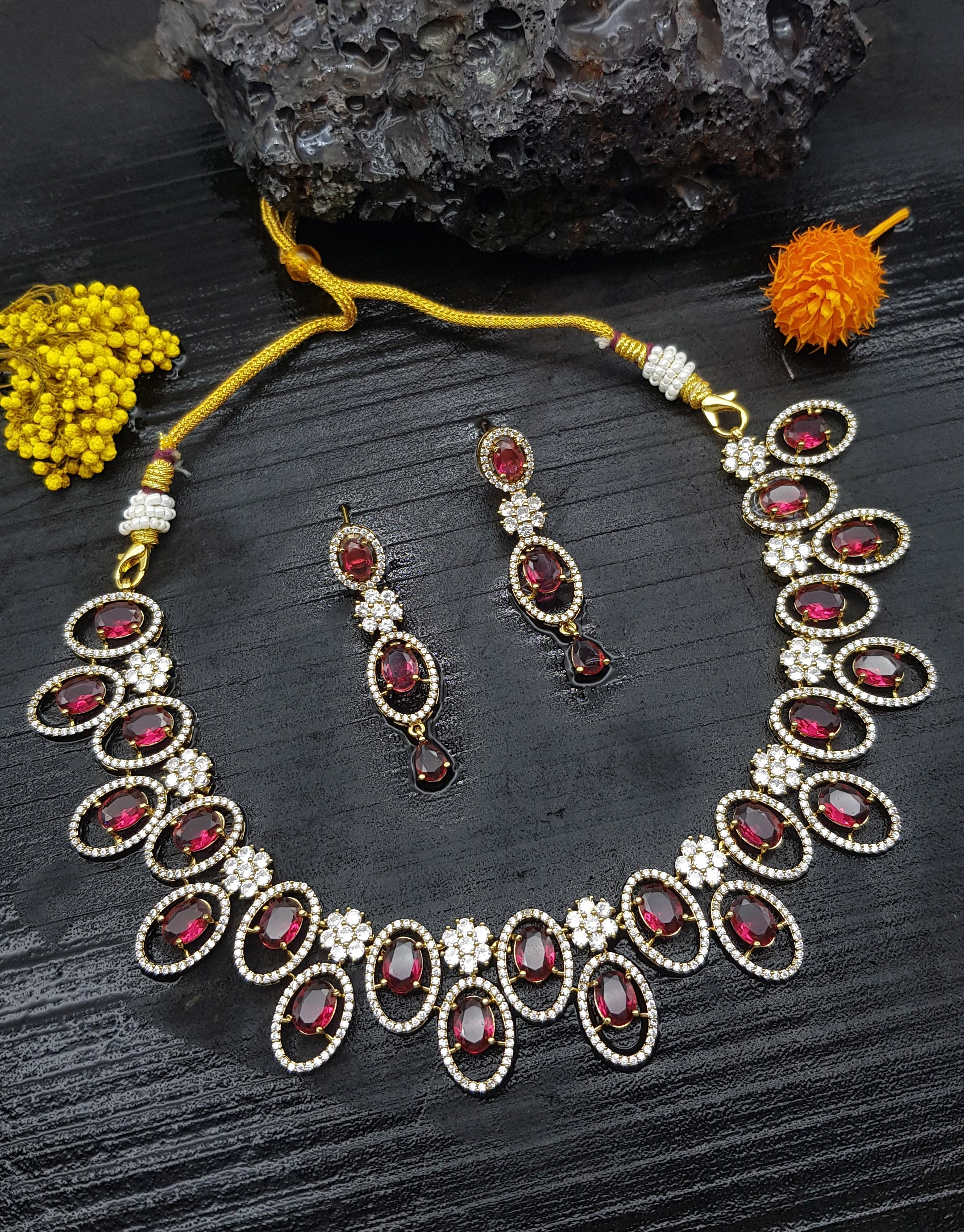 Premium Sayara Collection Elegant Ruby & CZ Necklace Set 22183N