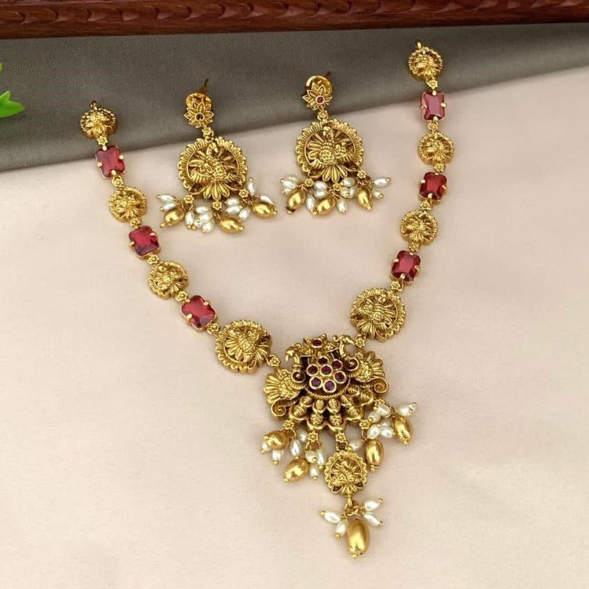 Premium Sayara Collection Elegant Ruby & CZ Necklace Set with peacock 22205N