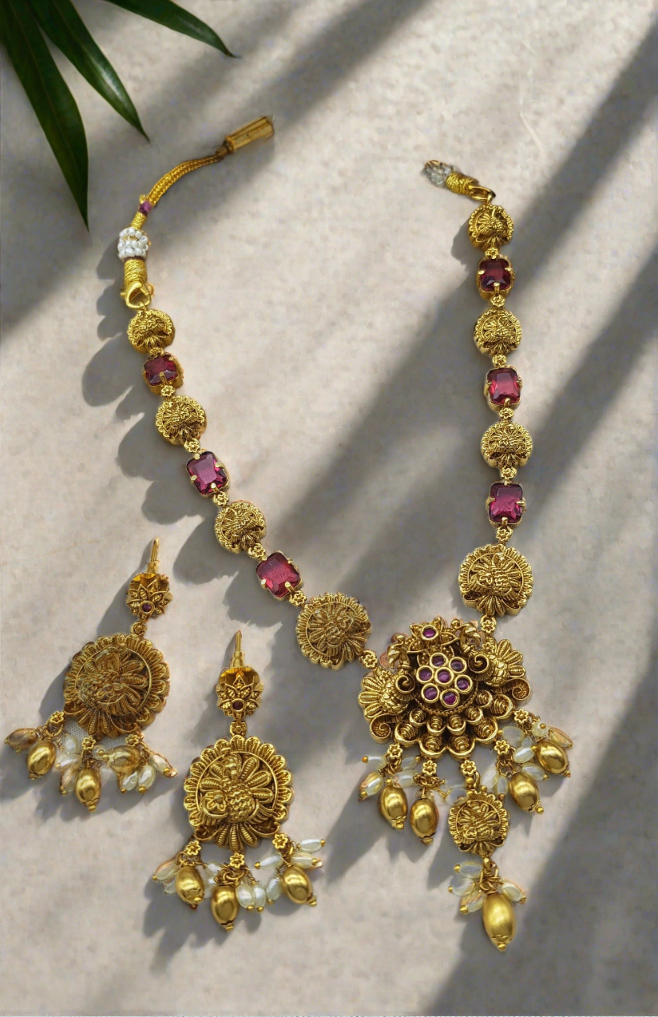 Premium Sayara Collection Elegant Ruby & CZ Necklace Set with peacock 22205N