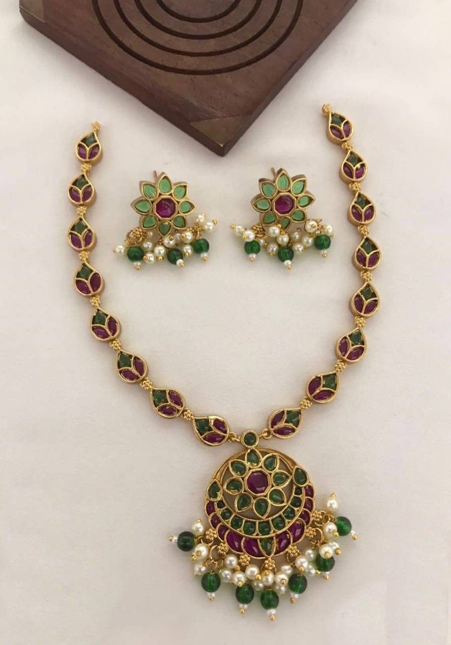 Premium Sayara Collection Elegant Ruby and emerald CZ Necklace Set 22161N