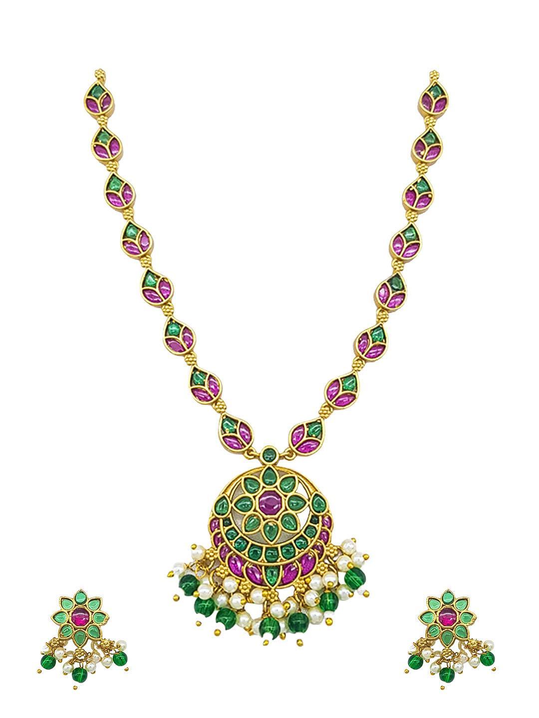 Premium Sayara Collection Elegant Ruby and emerald CZ Necklace Set - Griiham