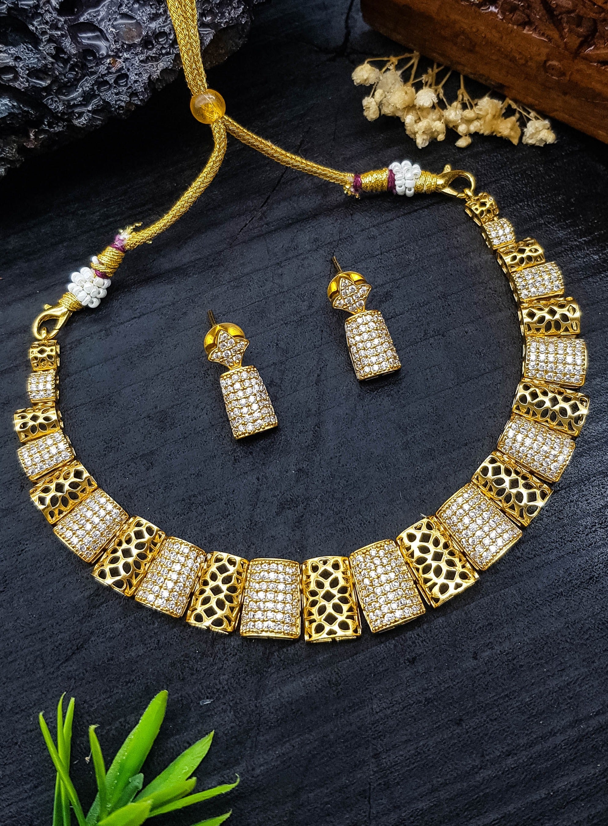 Premium Sayara Collection Elegant gold finish CZ Necklace Set 22145N