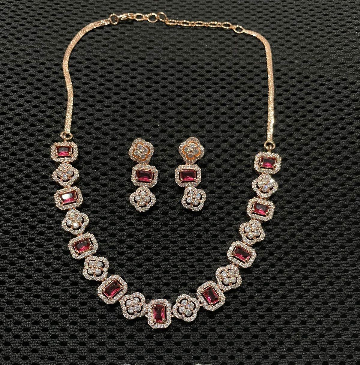Premium Sayara Collection Rose Gold Plated Necklace set with Top quality Champaigne white CZ Stone 8814N-Necklace Set-season end sale item-Griiham