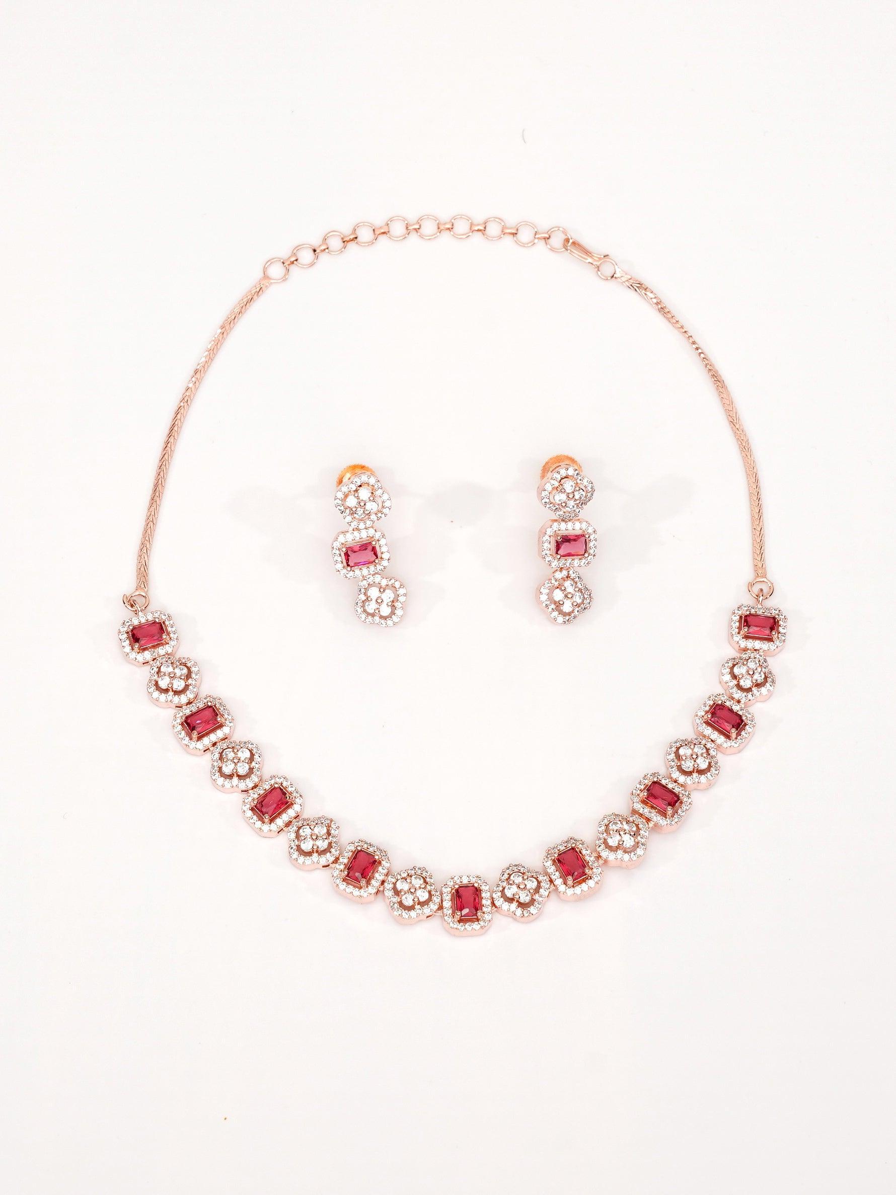 Premium Sayara Collection Rose Gold Plated Necklace set white CZ Stone 8814N