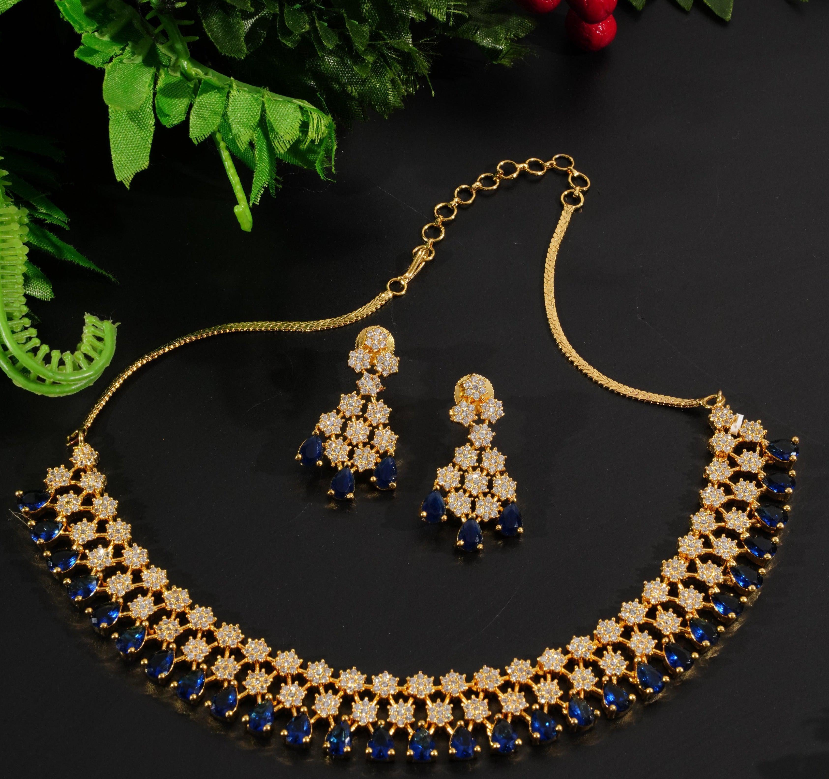 Premium Sayara Collection Two line star Necklace with Blue CZ Stones 8739N - Griiham