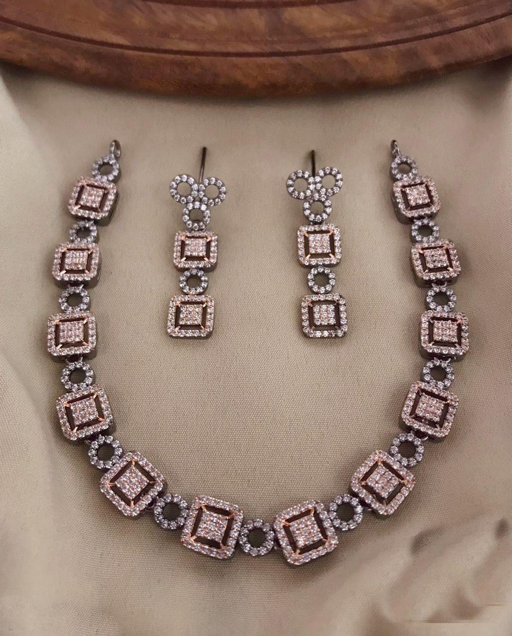 Premium Sayara Collection Victorian polish CZ Necklace set rose gold and black gold polish