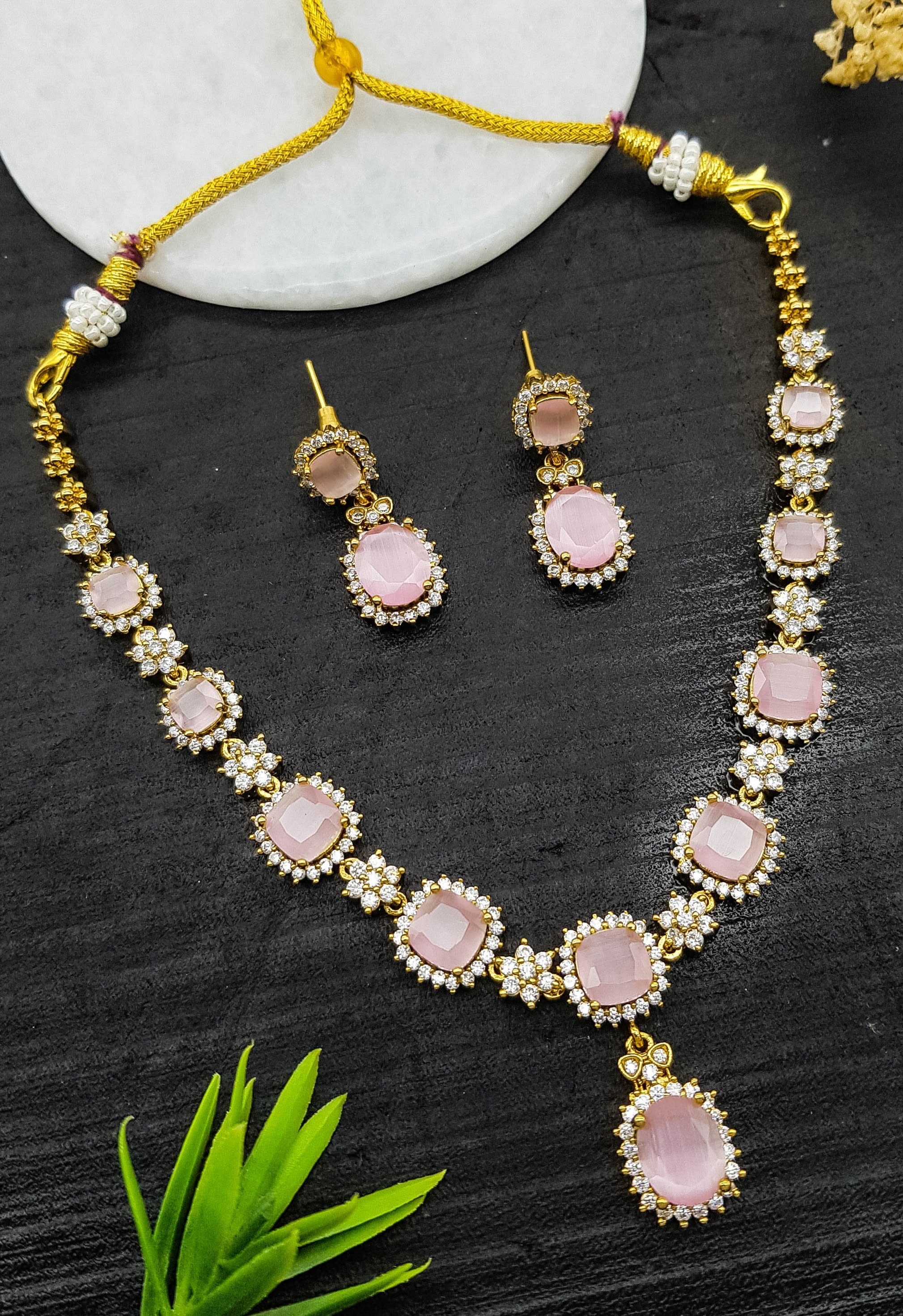 Premium Sayara Collection gold polish Pink Cz Zercon Necklace Set 22223N