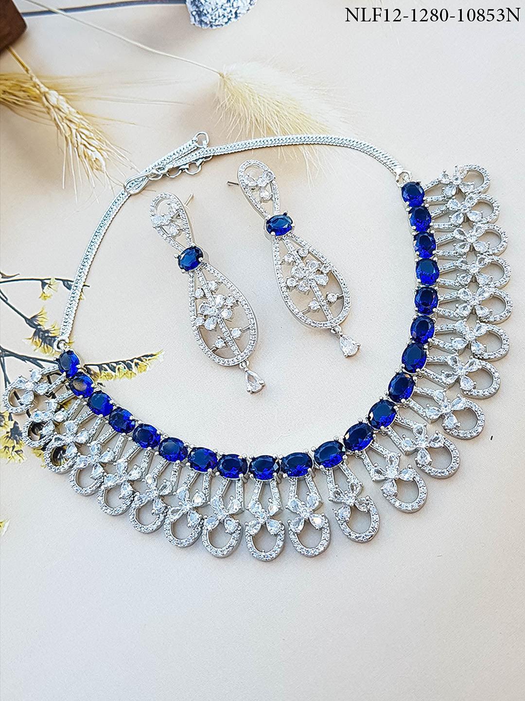 Premium White Gold Plated Sayara Collection designer Necklace set with blue stones 10853N - Griiham