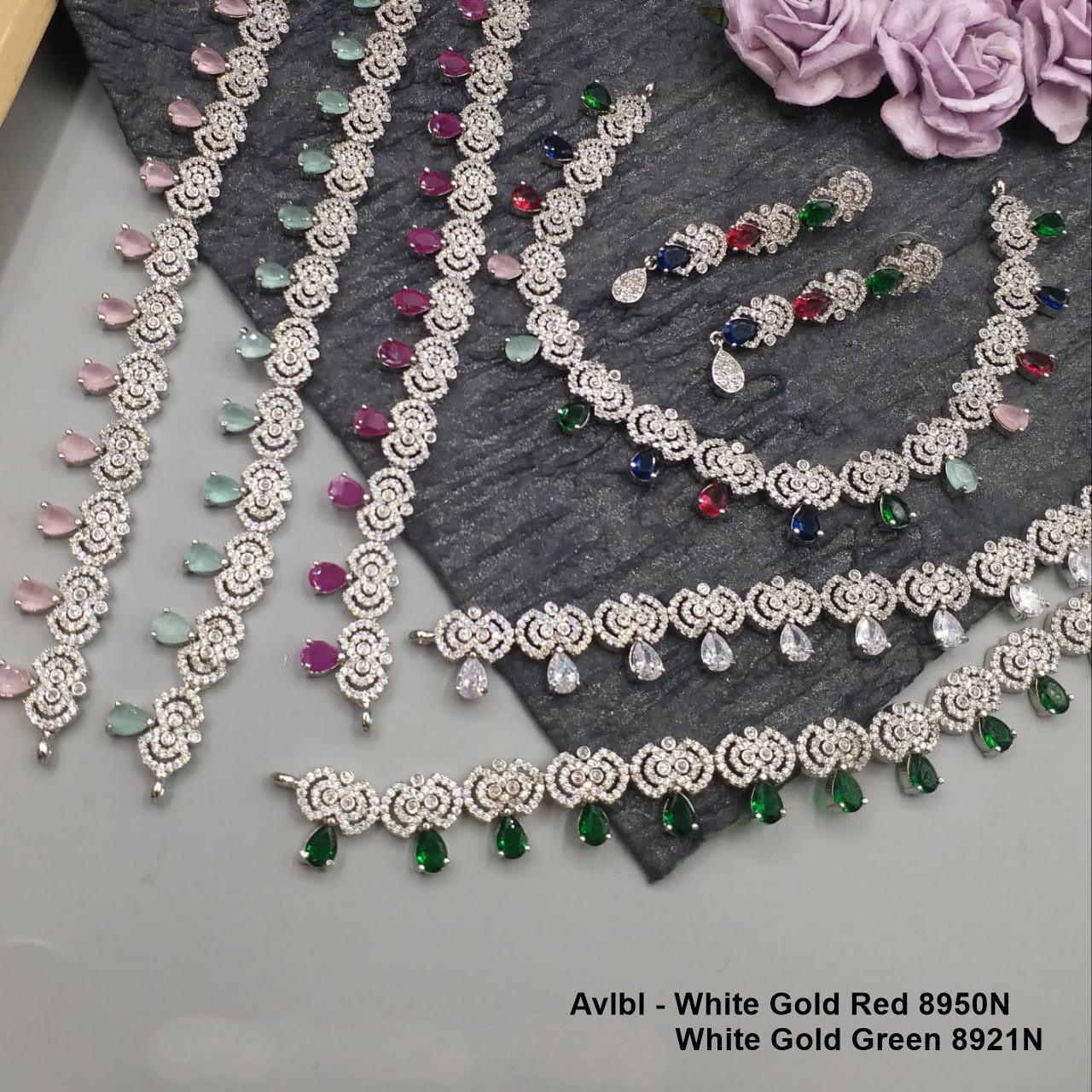 Premium White Gold Plated with sparkling Green White CZ stones Designer Necklace Set 8921N-Necklace Set-Griiham-Griiham