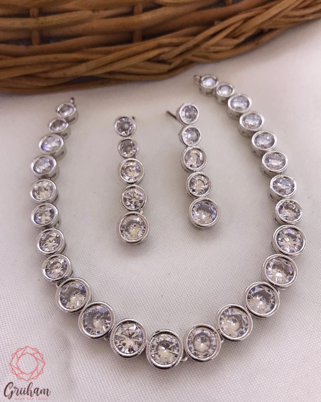 Premium White Gold cz stones Necklace set 7646N-Necklace Set-Kanakam-Griiham