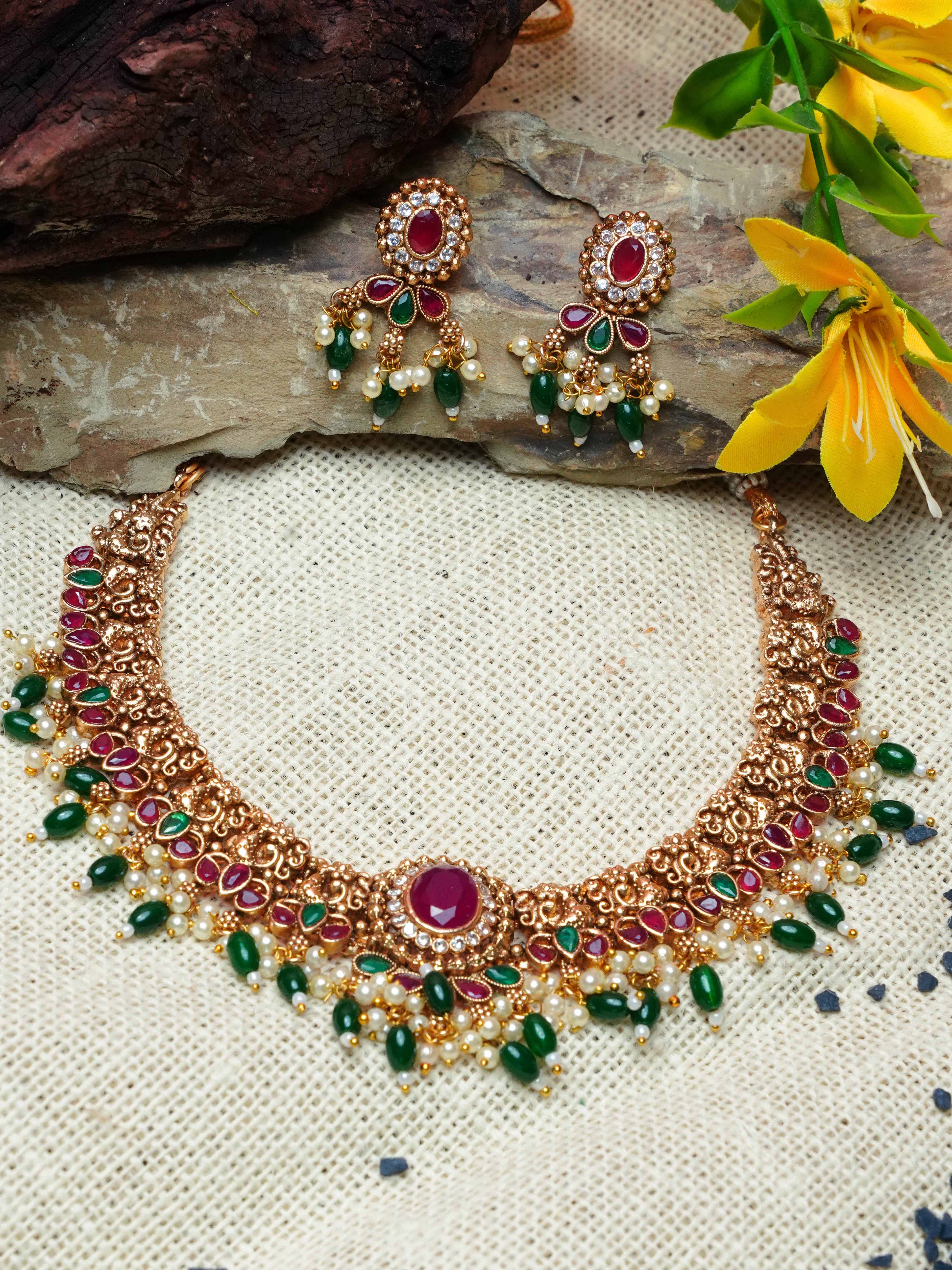 Premium gold finish Classic Short Necklace Set with Multi color AD Stones 16858N