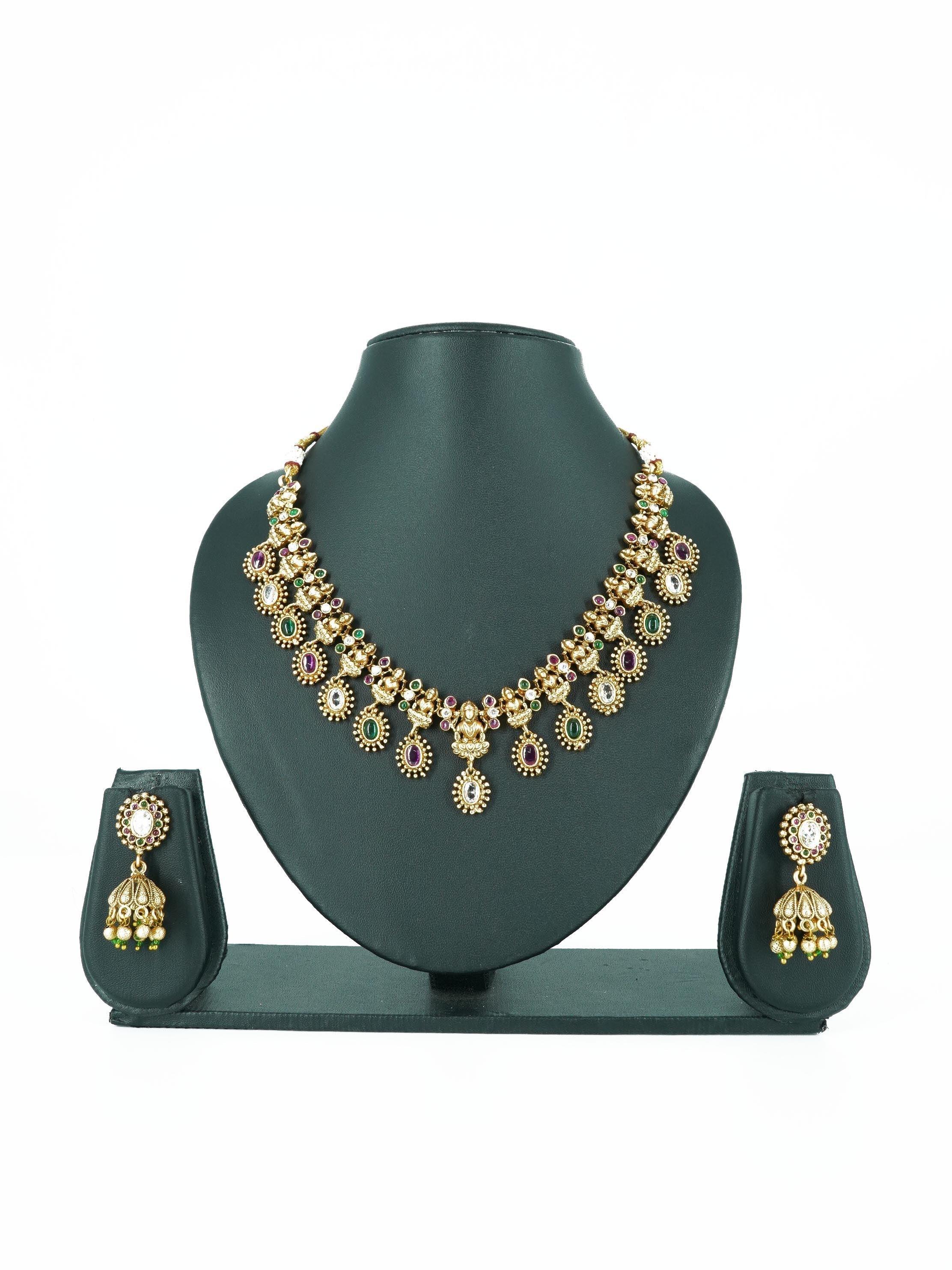Premium gold finish Cute Short Necklace Set with Multi color AD Stones 16856N - Griiham